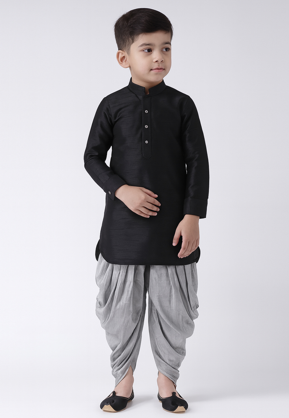 Black Dupion Silk Kids Dhoti Kurta 320846