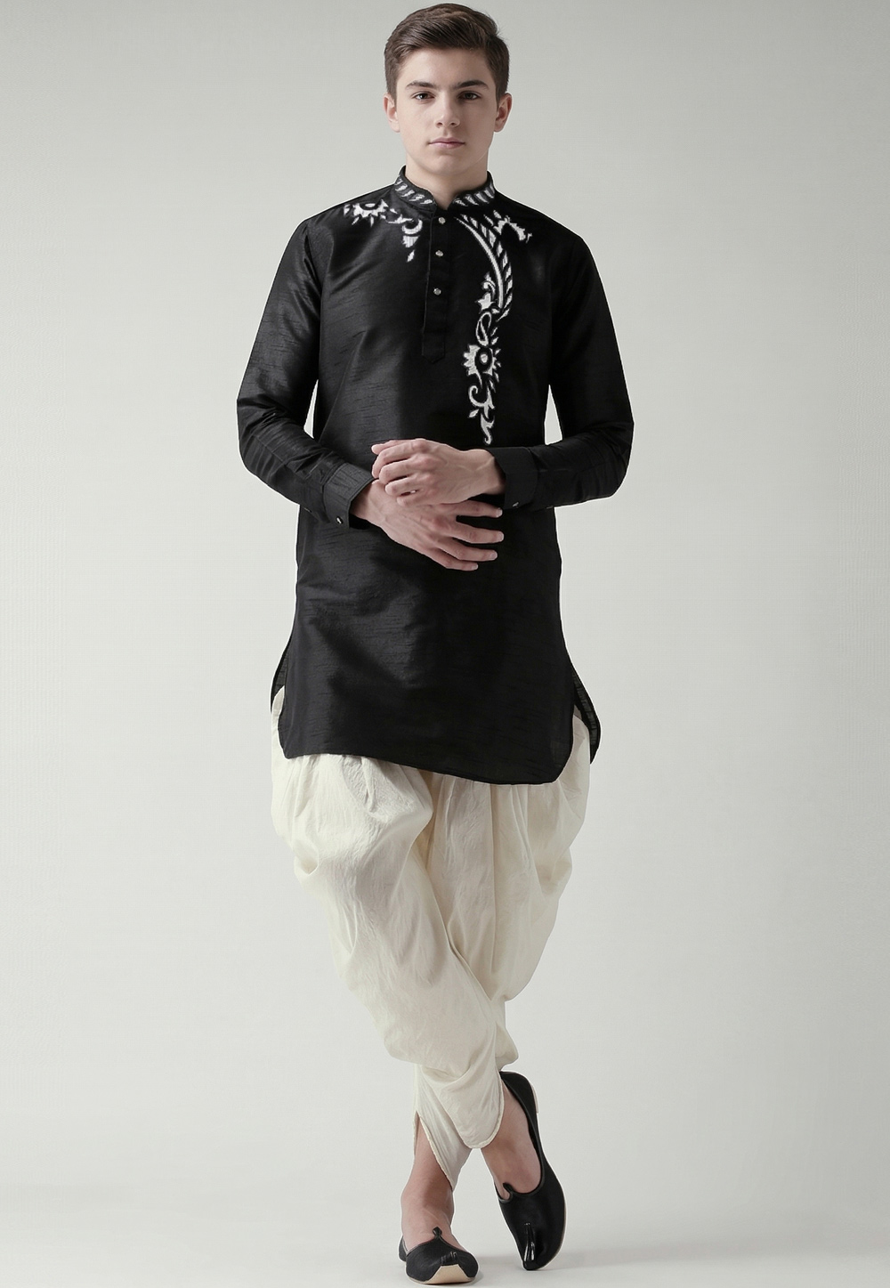 Black Dupion Silk Kids Dhoti Kurta 329325
