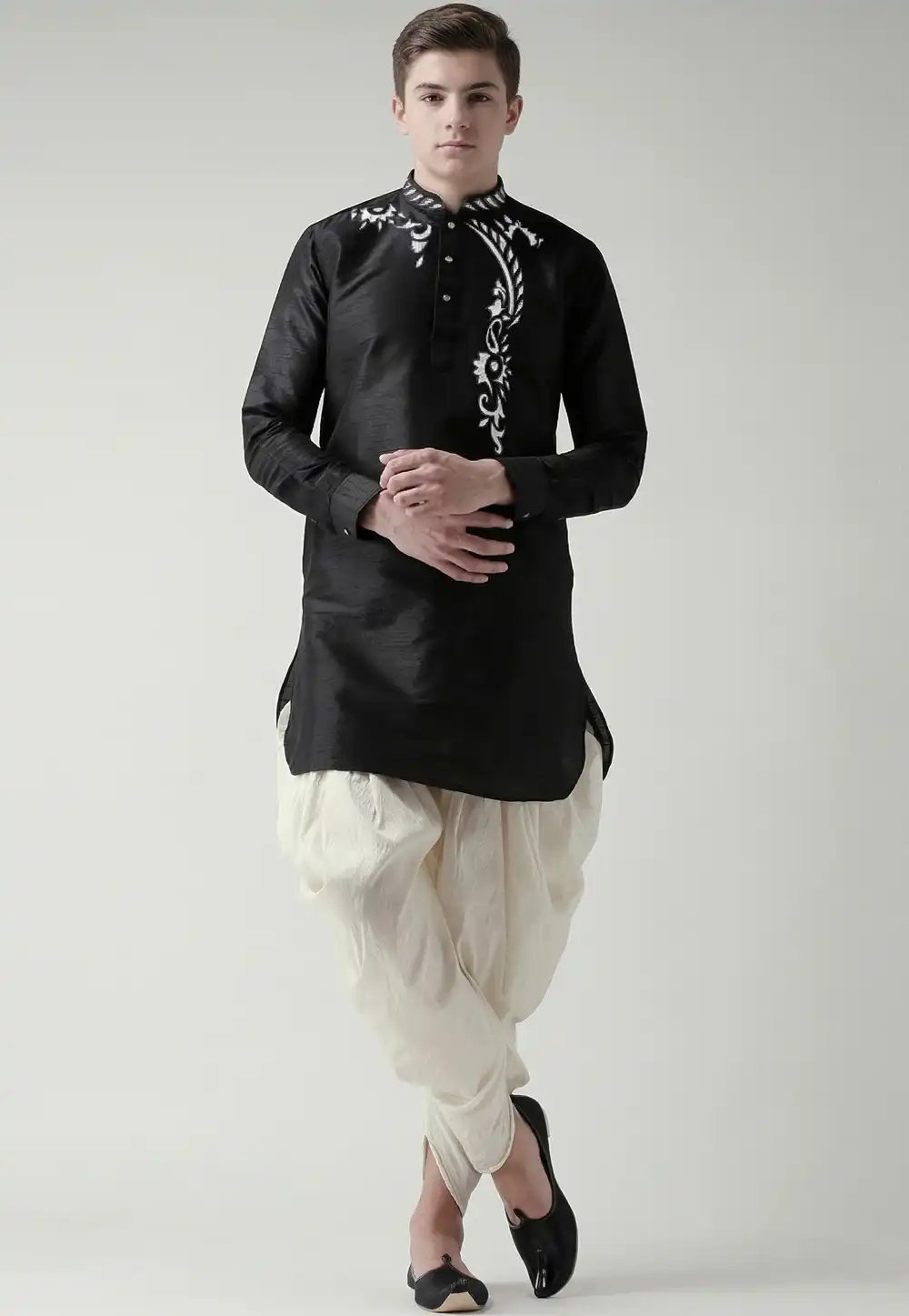 Black Dupion Silk Kids Dhoti Kurta 329325