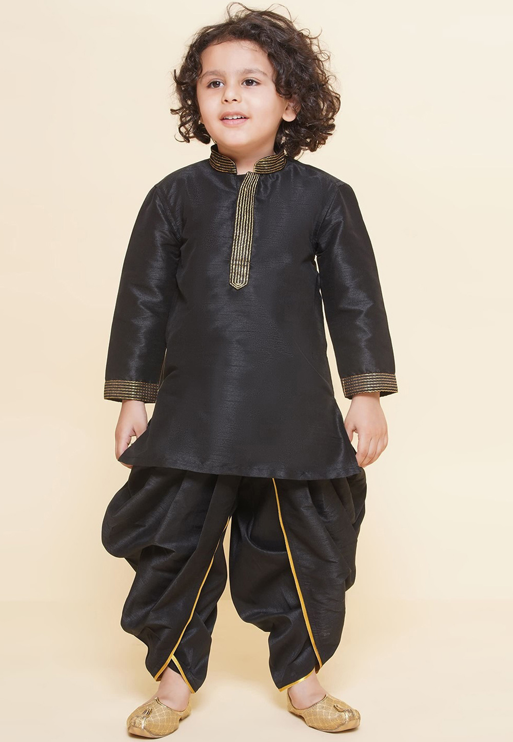 Black Dupion Silk Kids Dhoti Kurta 312086