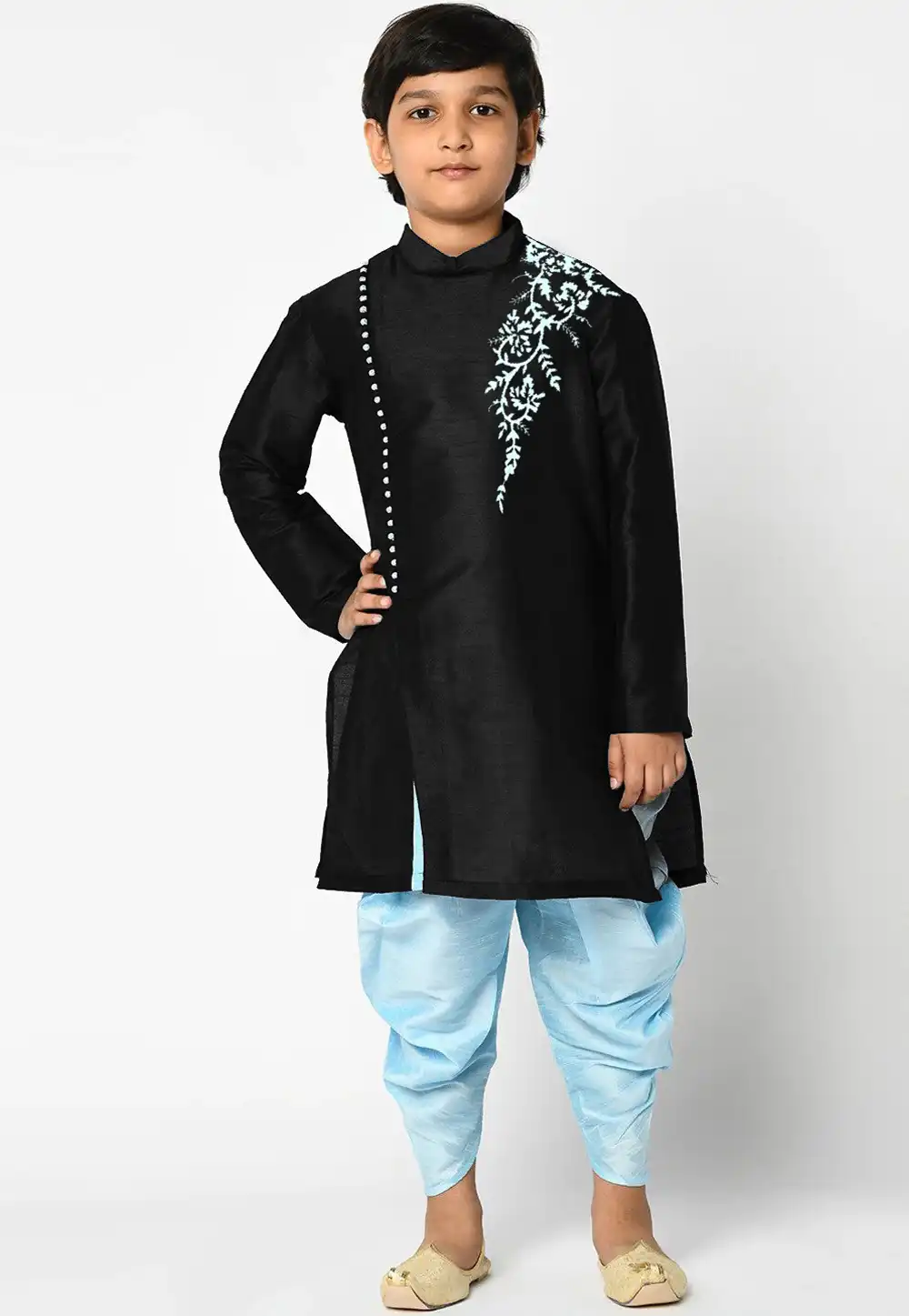 Black Dupion Silk Kids Dhoti Kurta 316871