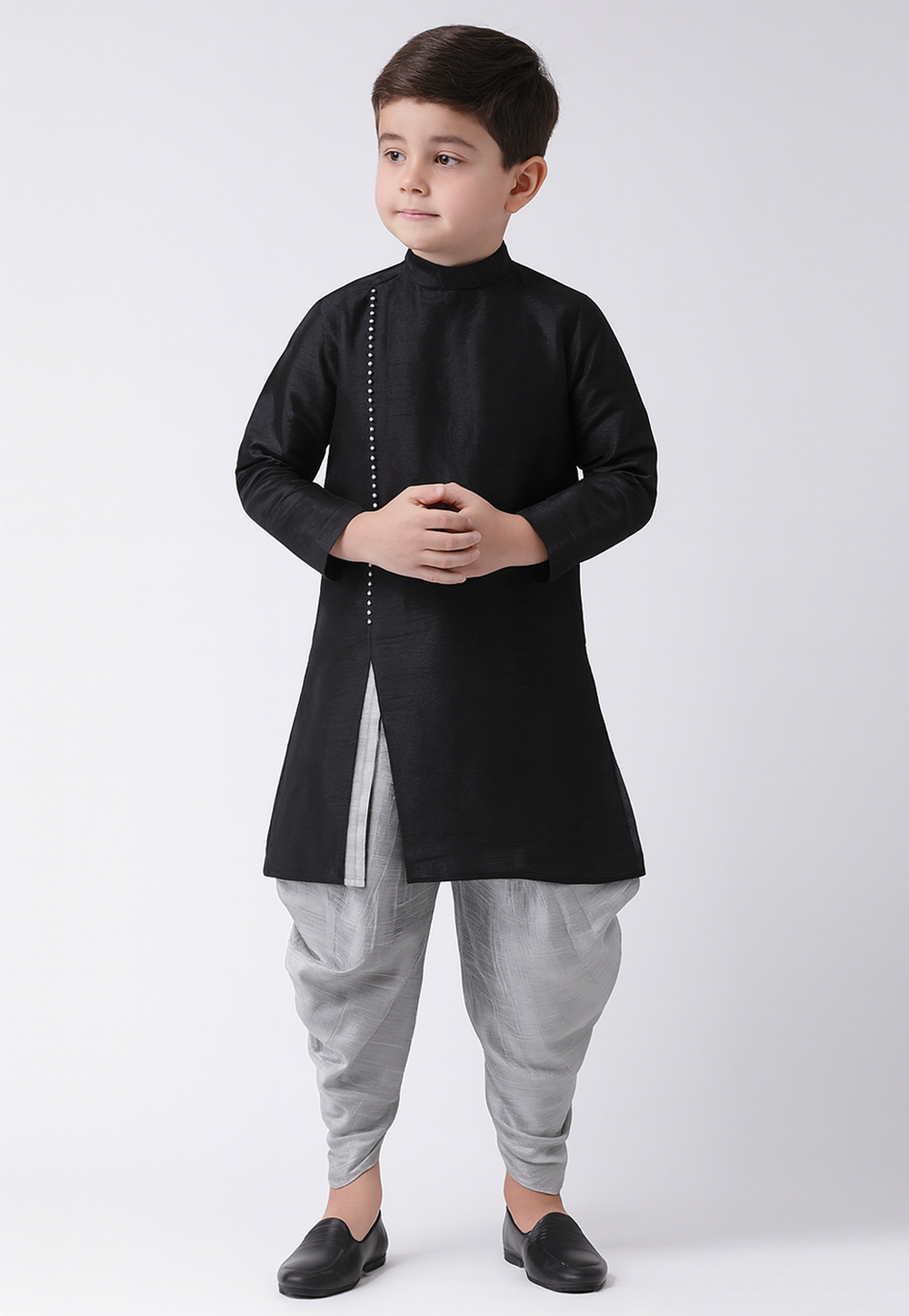 Black Dupion Silk Kids Dhoti Kurta 320581