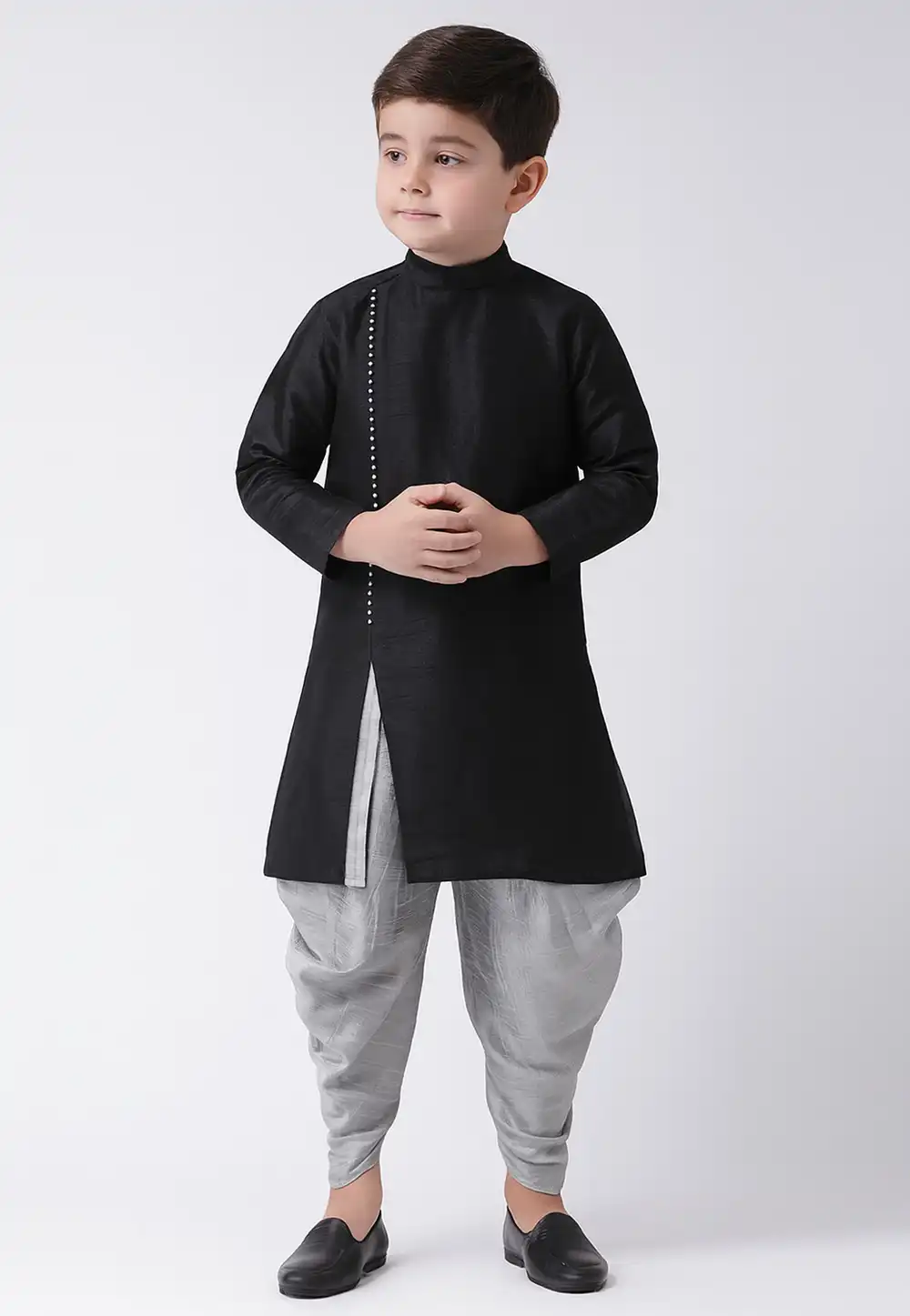 Black Dupion Silk Kids Dhoti Kurta 320581