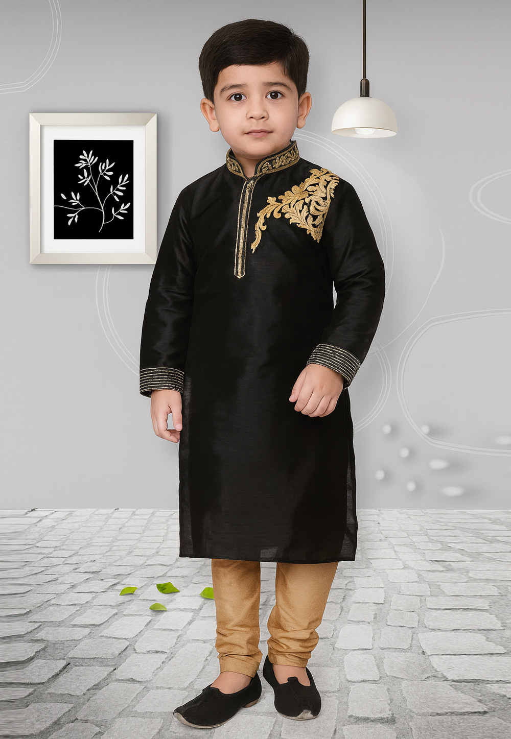 Black Dupion Silk Kids Kurta Pajama 320822