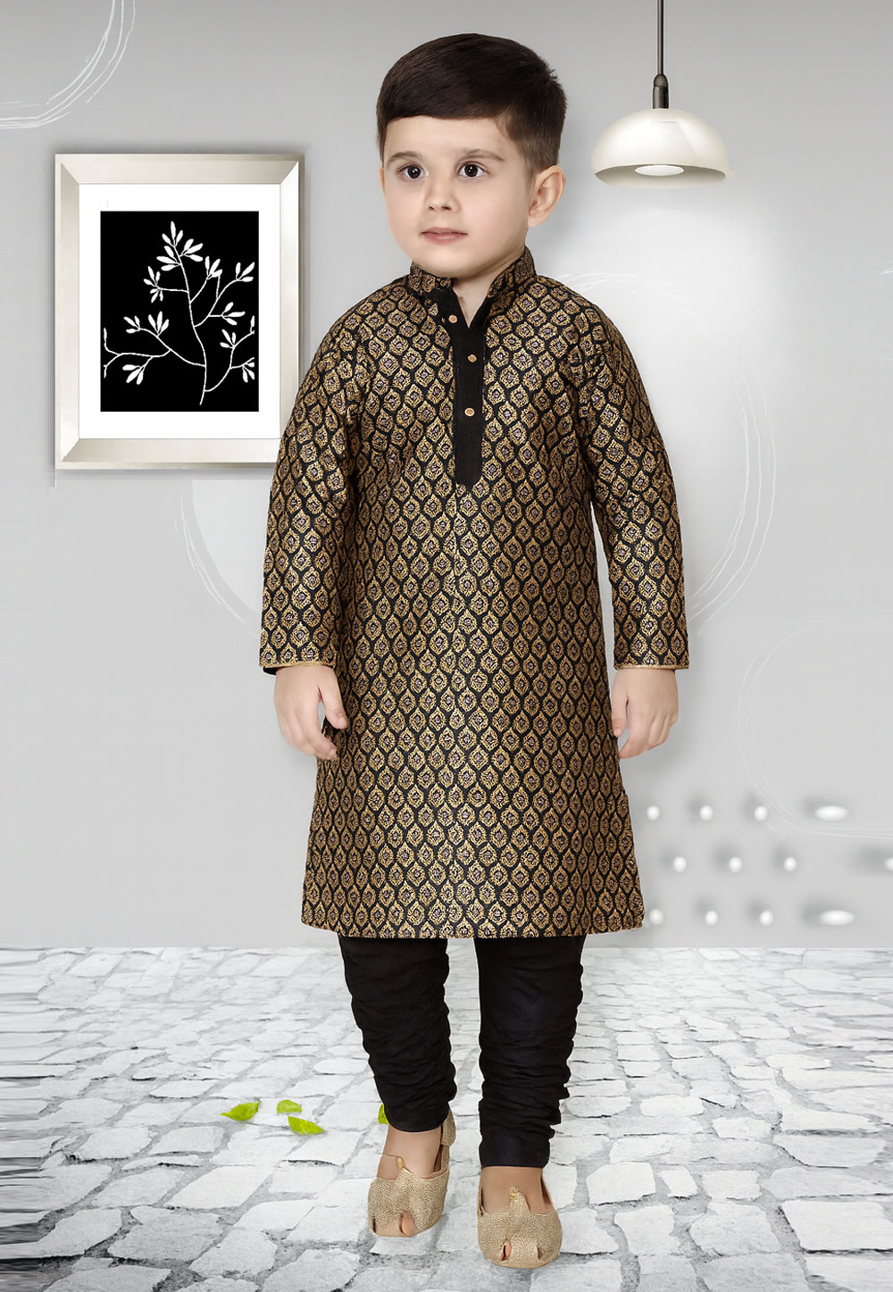 Black Dupion Silk Kids Kurta Pajama 320827