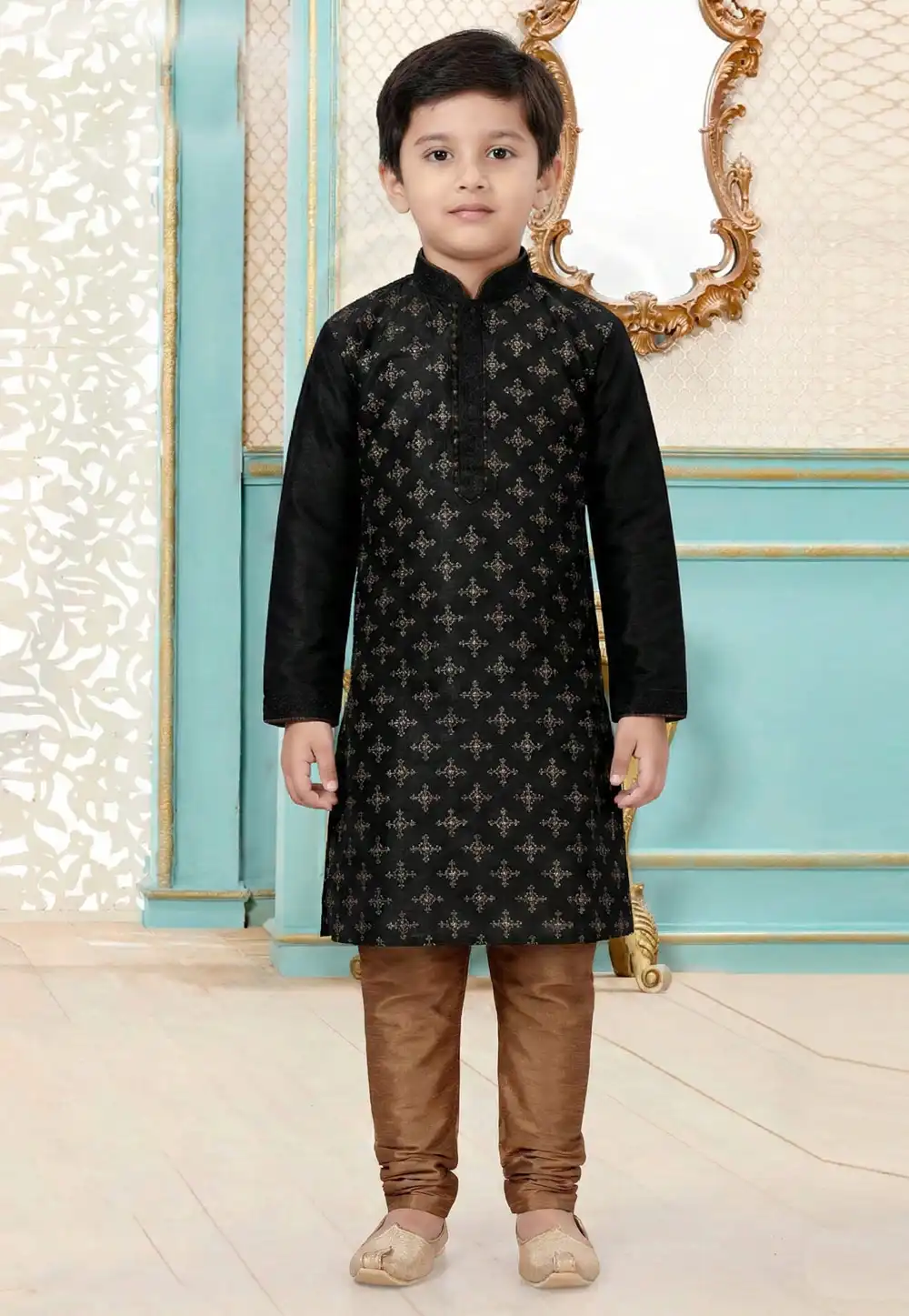 Black Dupion Silk Kids Kurta Pajama 323162