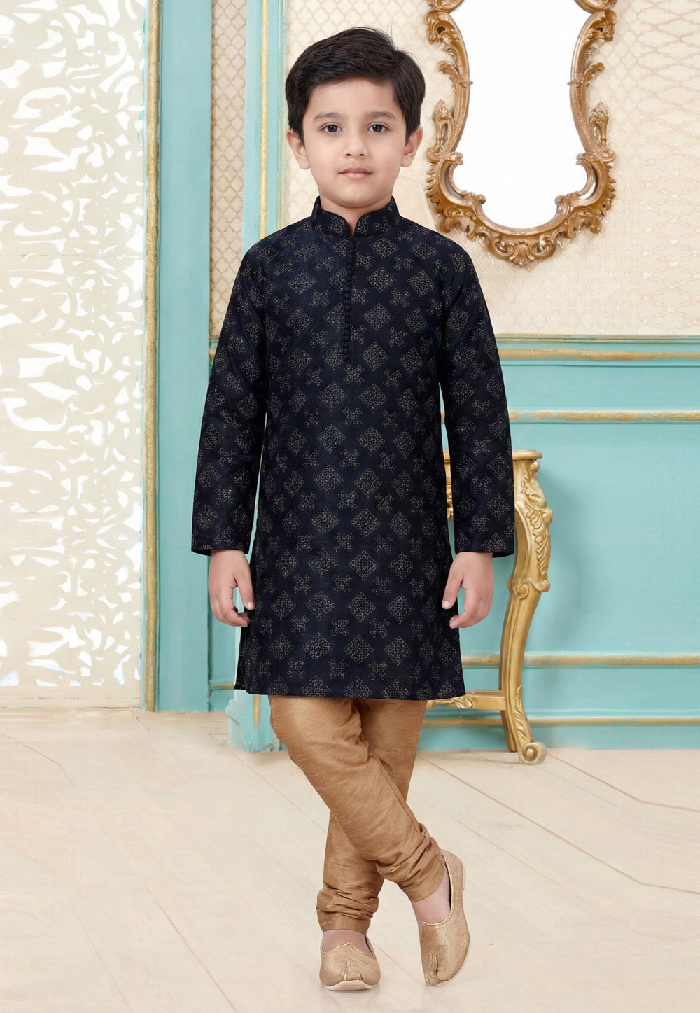 Black Dupion Silk Kids Kurta Pajama 323165