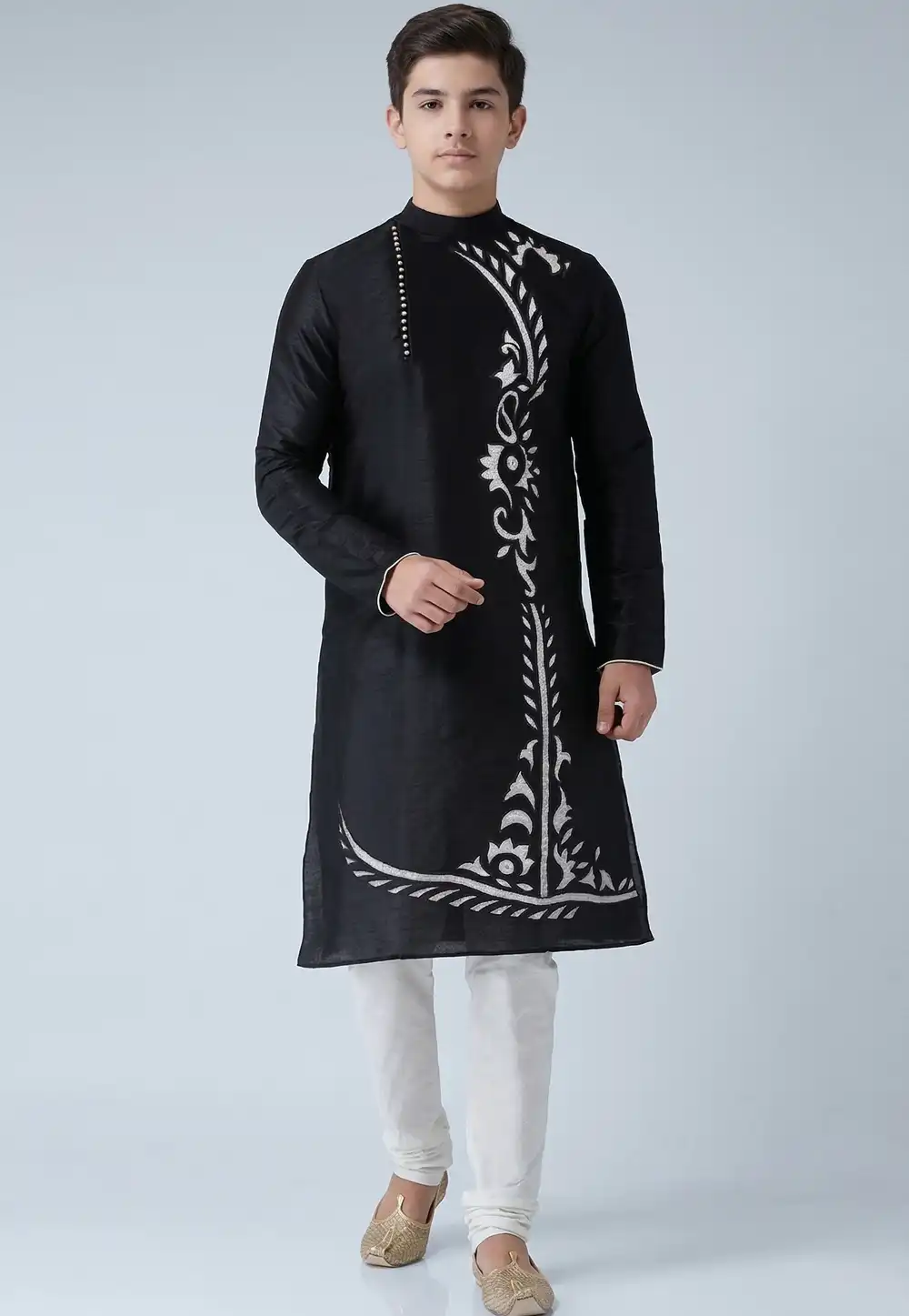 Black Dupion Silk Kids Kurta Pajama 329307
