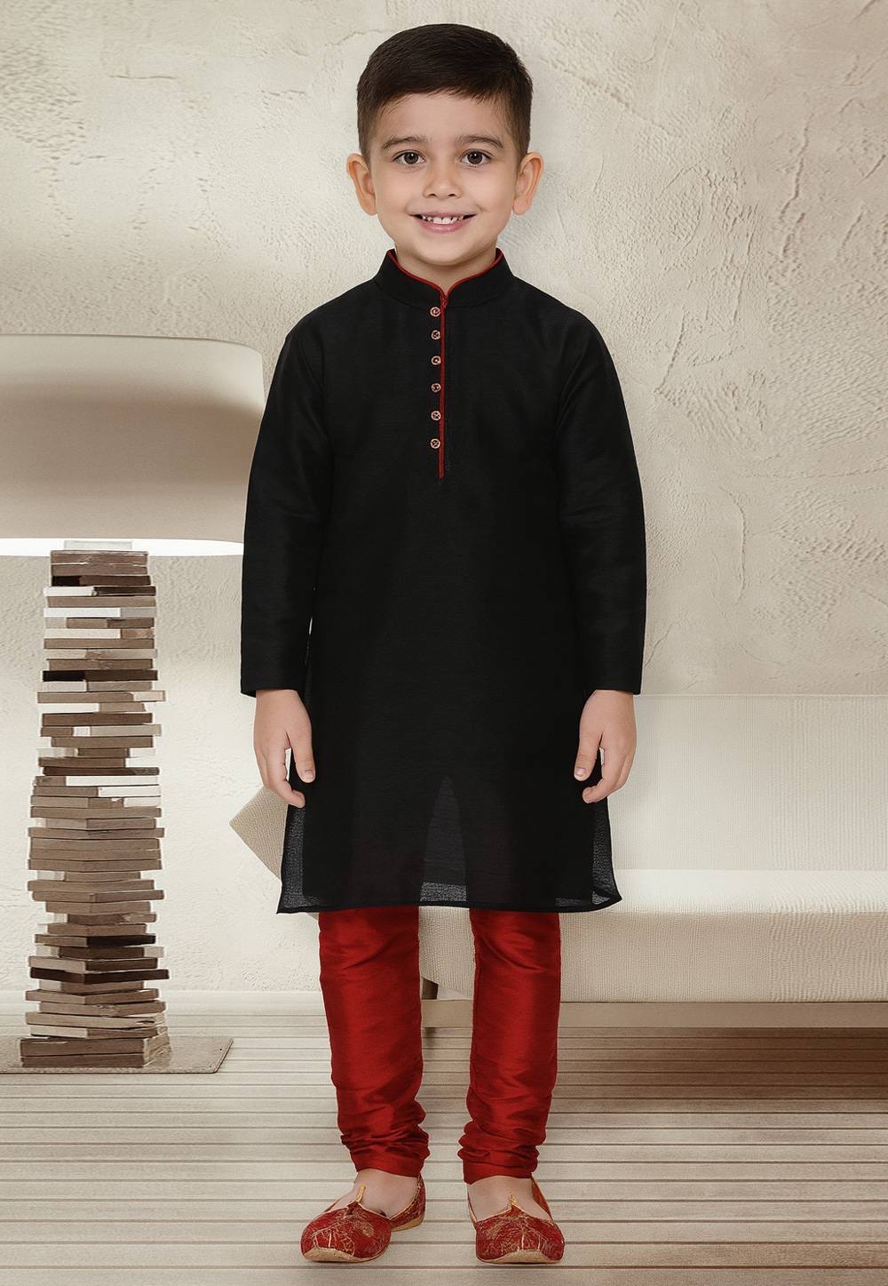 Black Dupion Silk Kids Kurta Pajama 320783