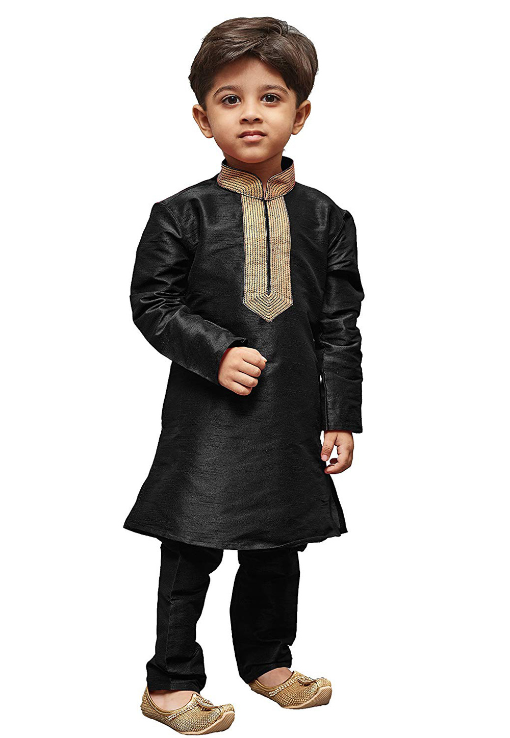 Black Dupion Silk Kids Kurta Pajama 312077
