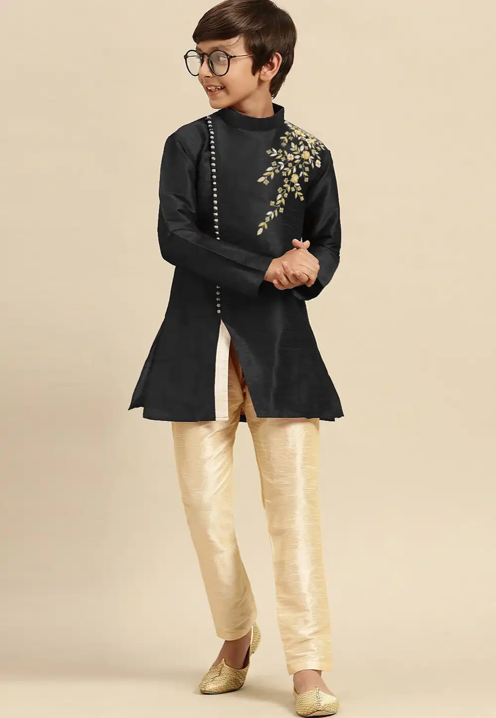 Black Dupion Silk Kids Kurta Pajama 316881