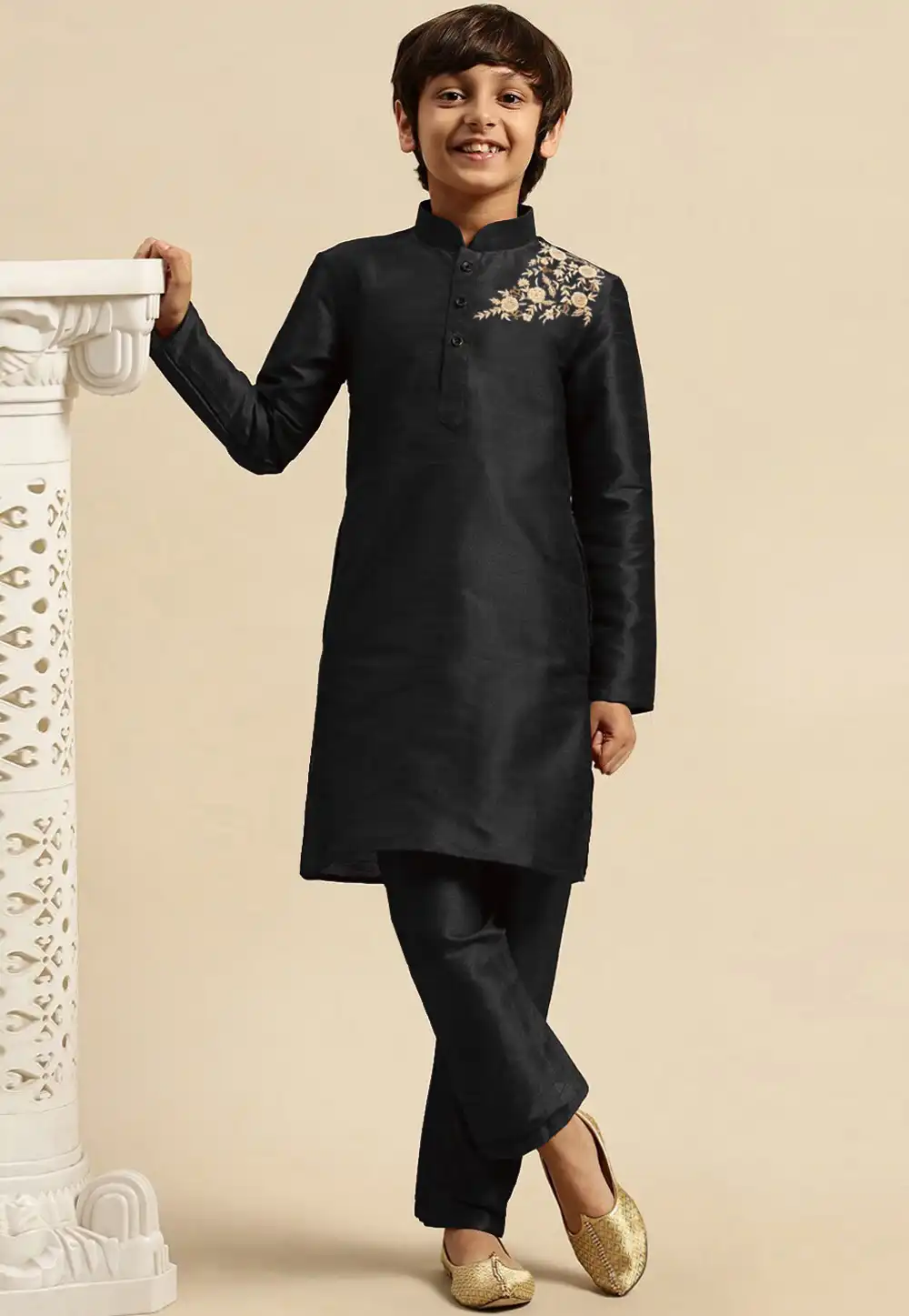 Black Dupion Silk Kids Kurta Pajama 316886
