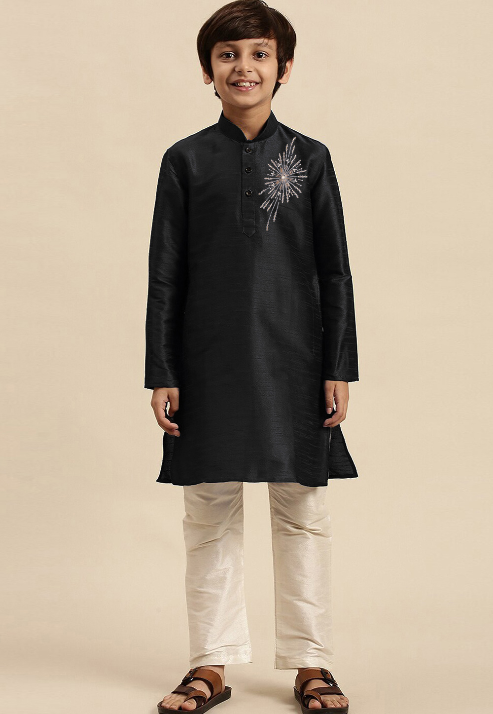 Black Dupion Silk Kids Kurta Pajama 316892