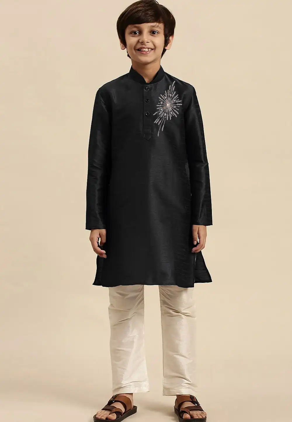 Black Dupion Silk Kids Kurta Pajama 316892