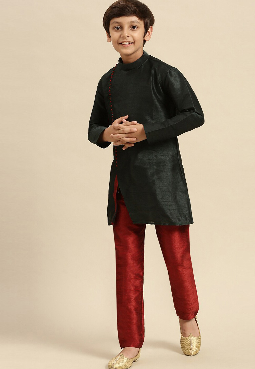 Black Dupion Silk Kids Kurta Pajama 286215