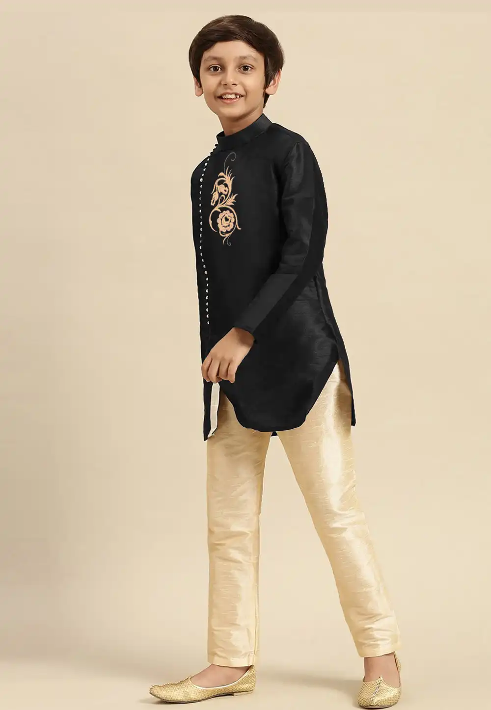 Black Dupion Silk Kids Kurta Pajama 289213