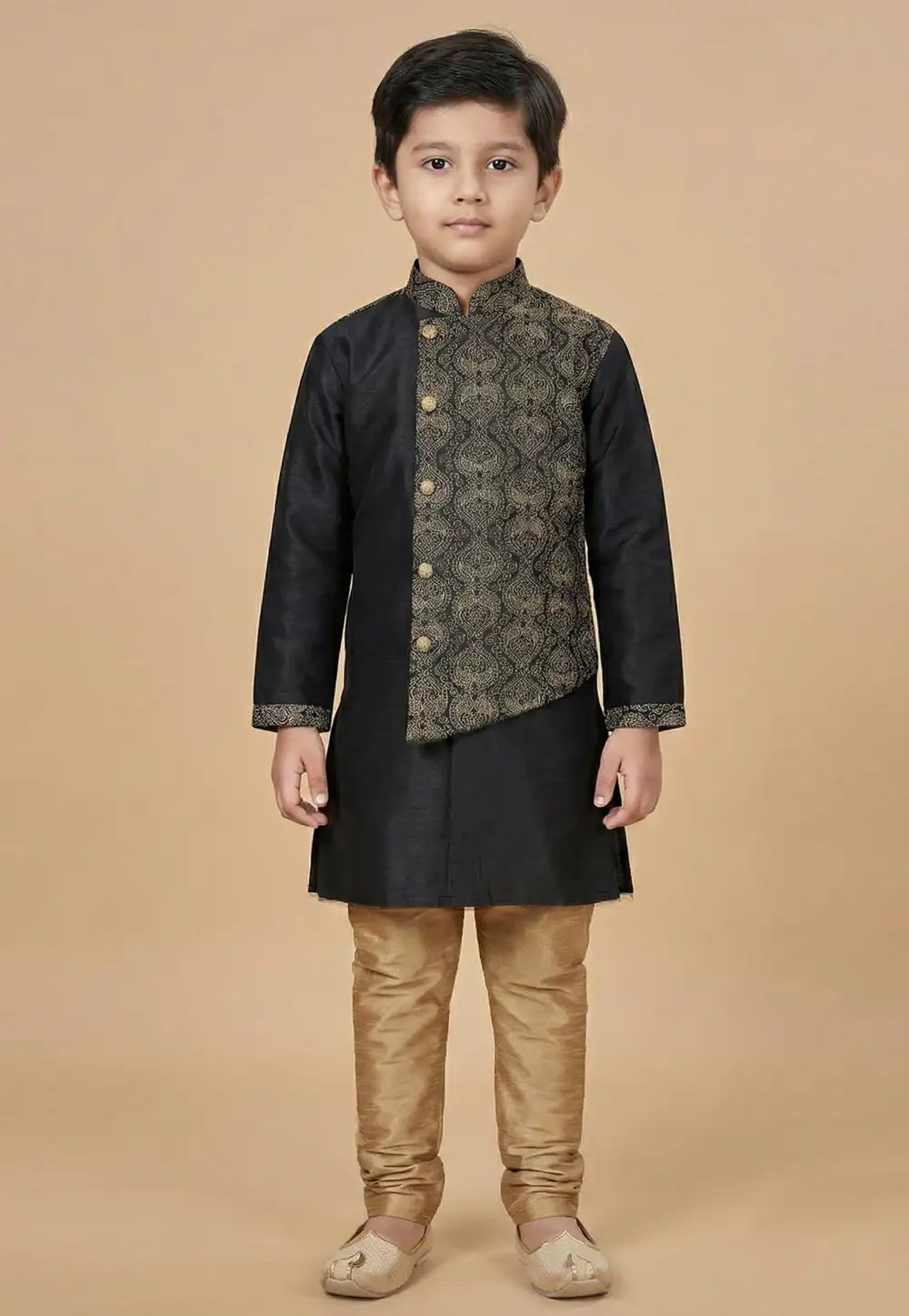 Black Dupion Silk Kids Kurta Pajama 323534