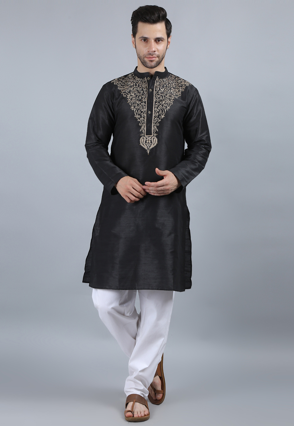 Black Dupion Silk Kurta Pajama 284159