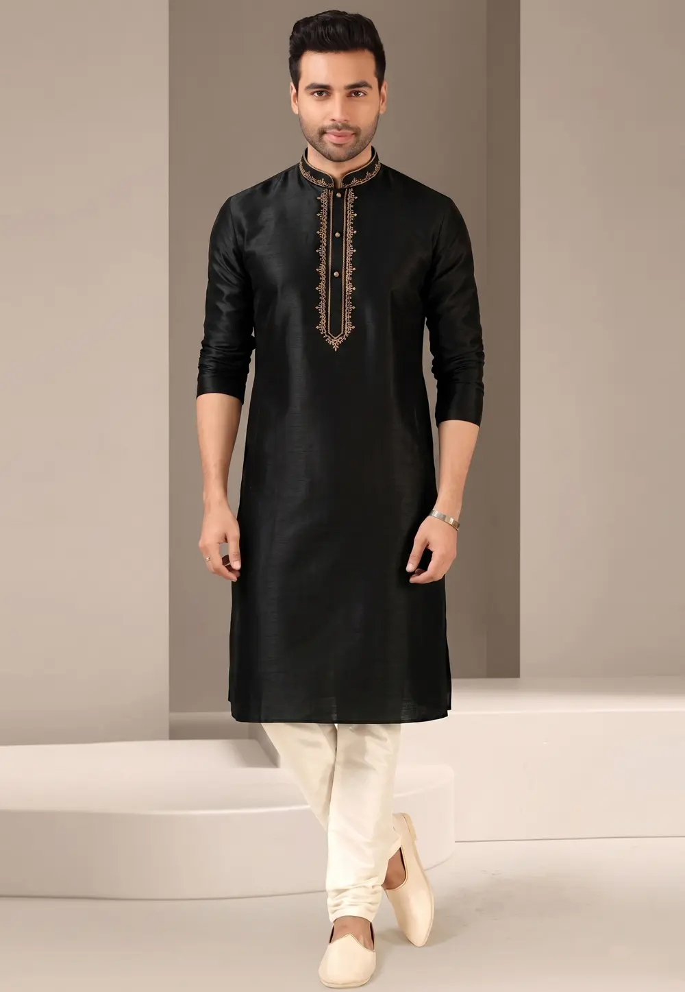 Black Dupion Silk Kurta Pajama 331934