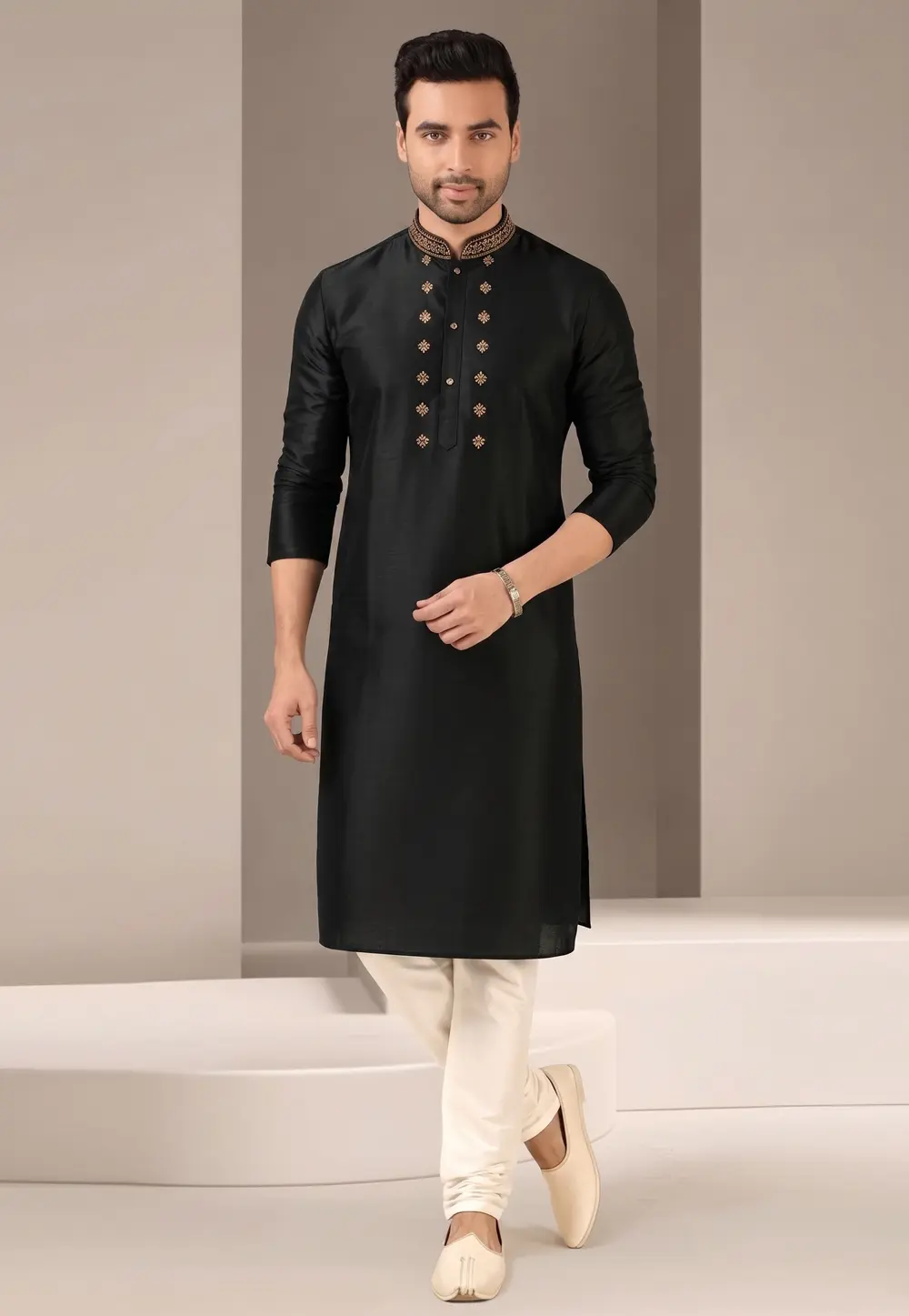 Black Dupion Silk Kurta Pajama 331948
