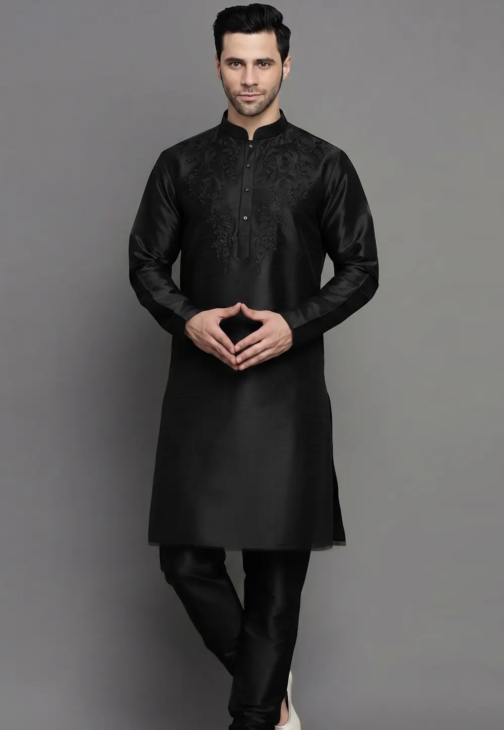 Black Dupion Silk Kurta Pajama 331960