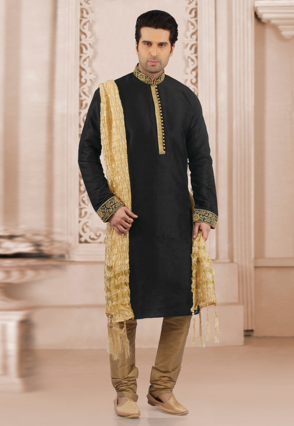 Black Dupion Silk Kurta Pajama 309964