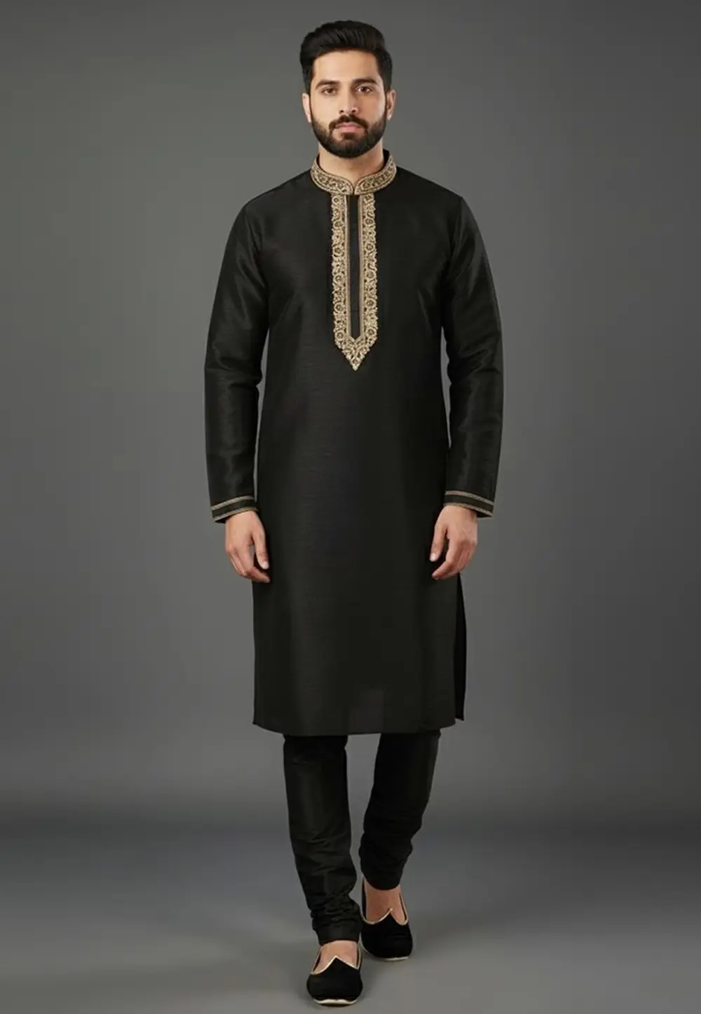 Black Dupion Silk Kurta Pajama 331966