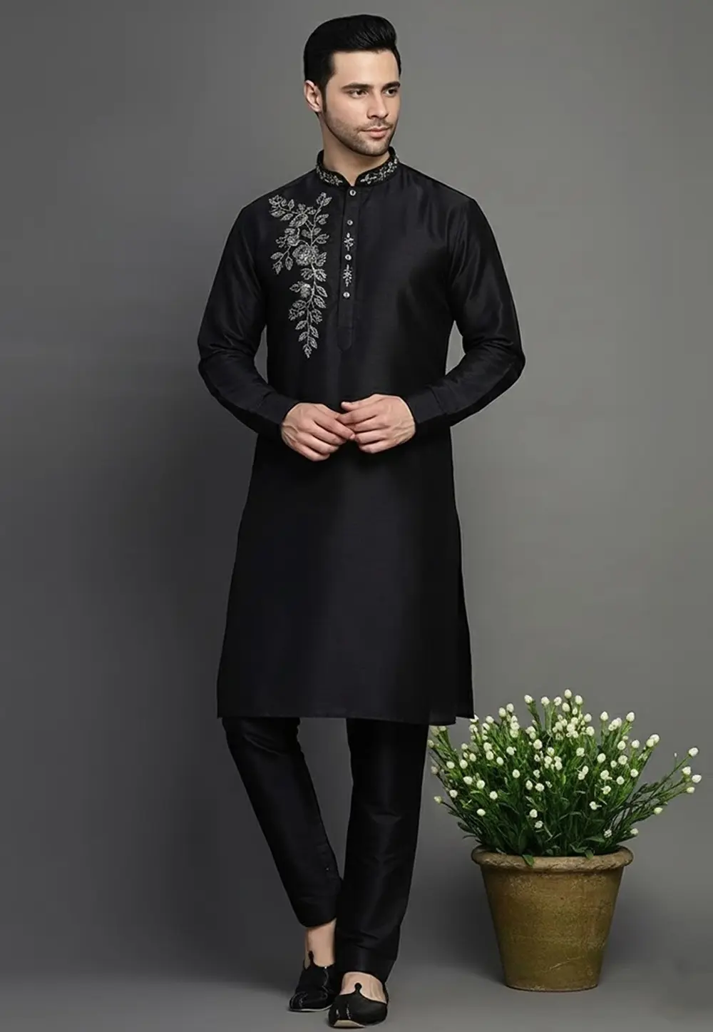 Black Dupion Silk Kurta Pajama 331969