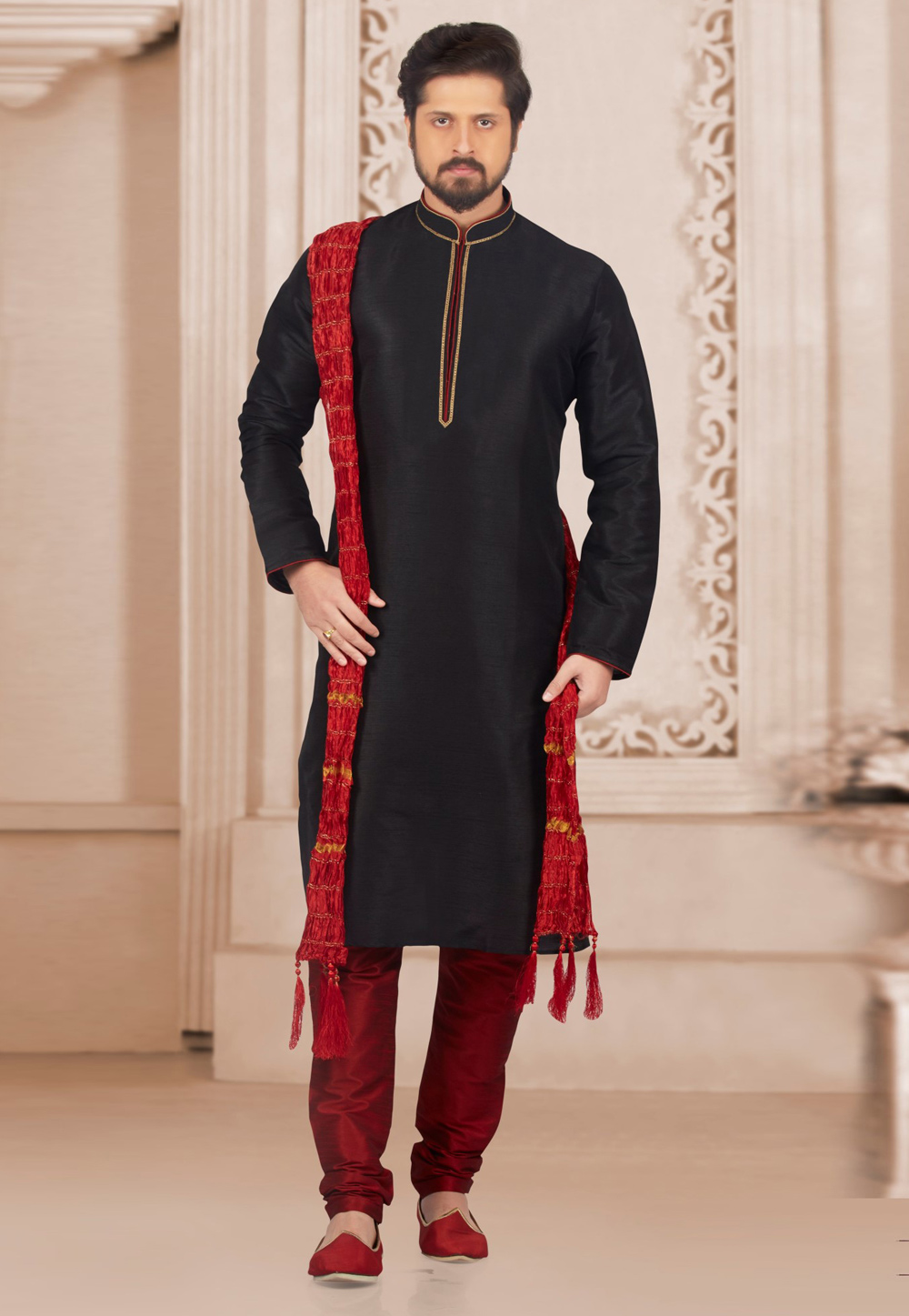 Black Dupion Silk Kurta Pajama 311298