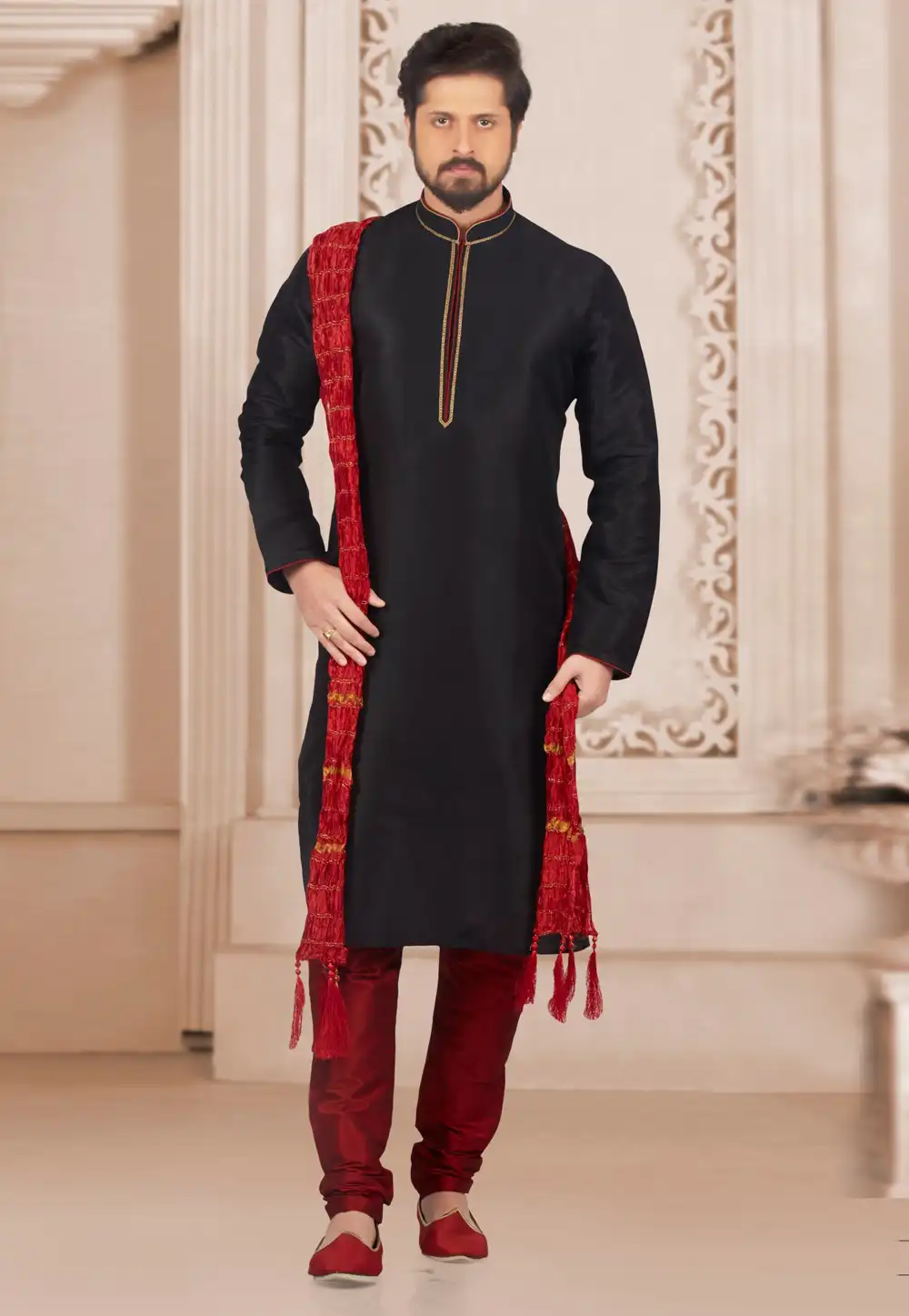 Black Dupion Silk Kurta Pajama 311298