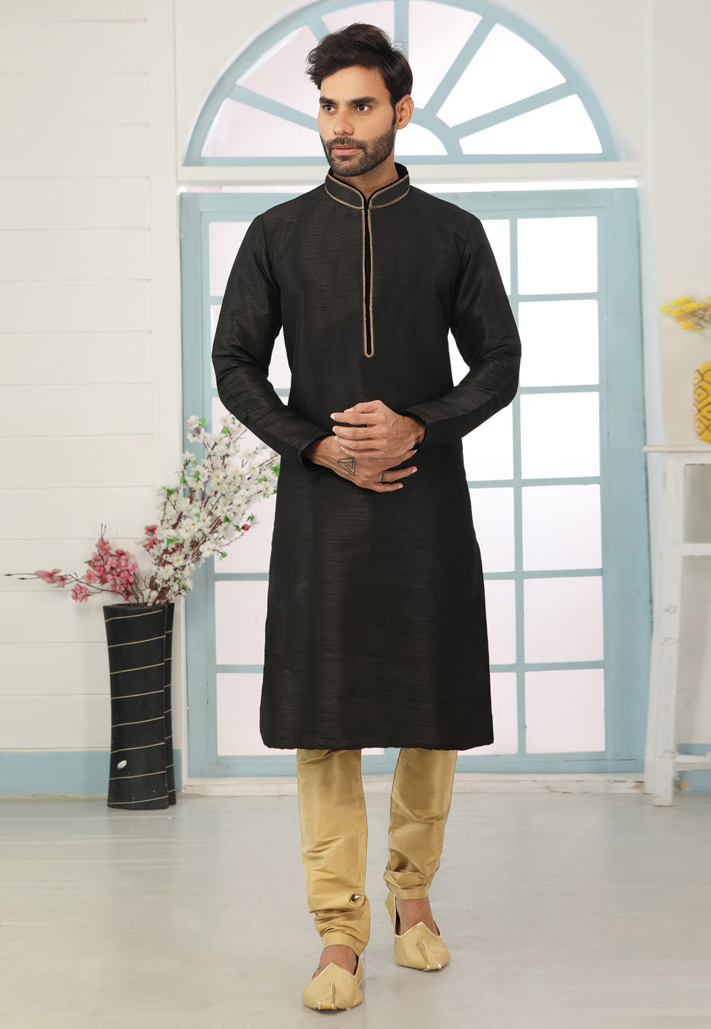 Black Dupion Silk Kurta Pajama 311301