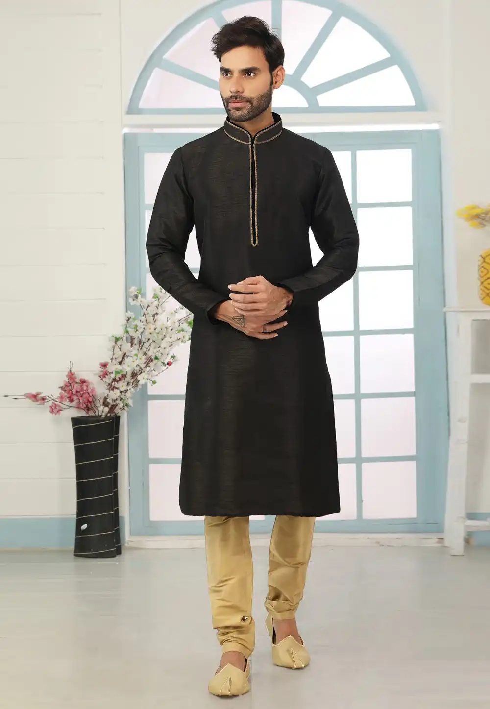 Black Dupion Silk Kurta Pajama 311301