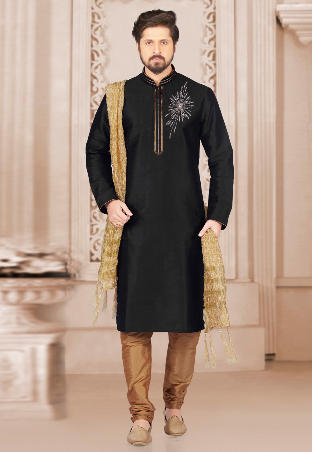 Black Dupion Silk Kurta Pajama 311871