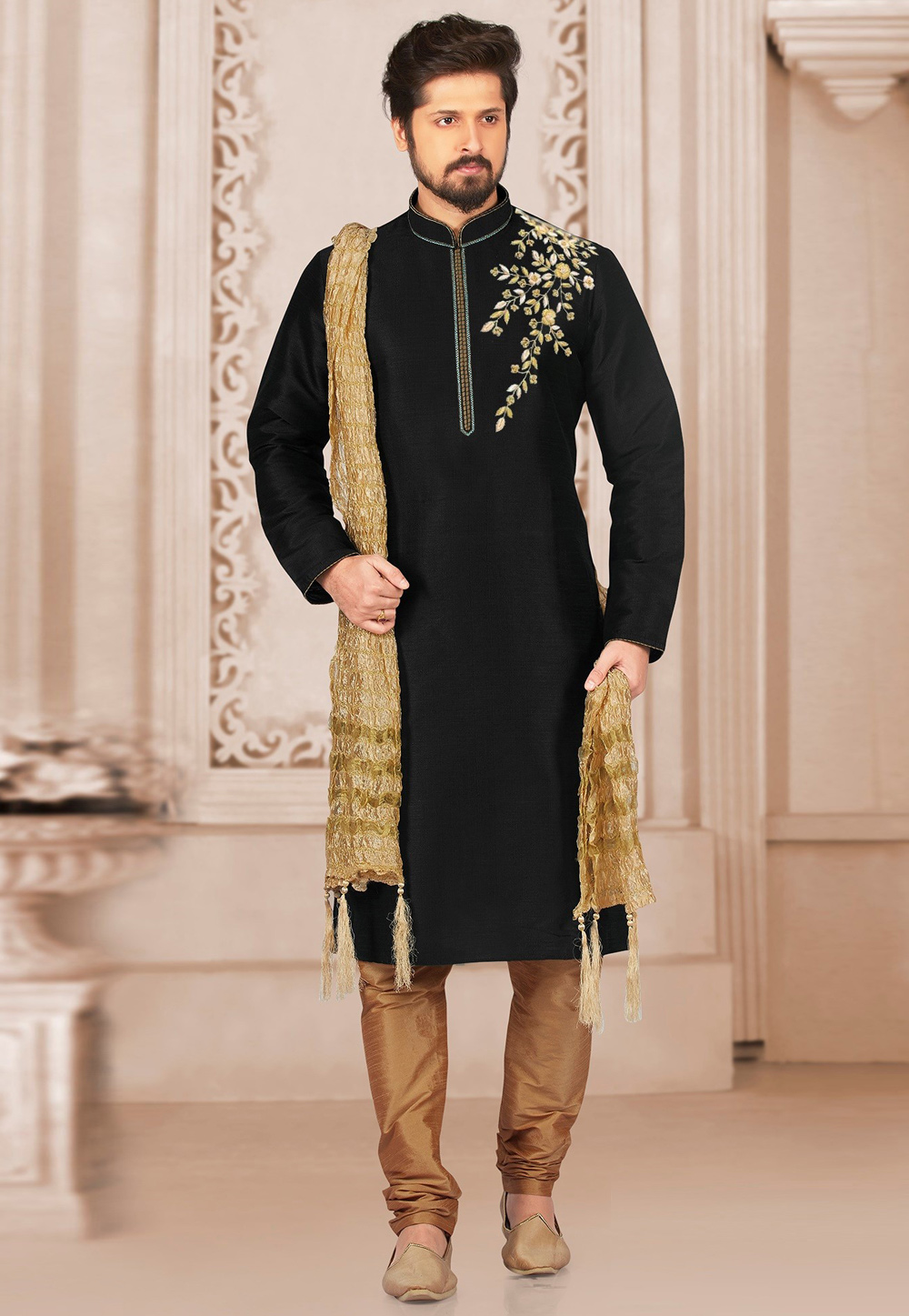 Black Dupion Silk Kurta Pajama 311877
