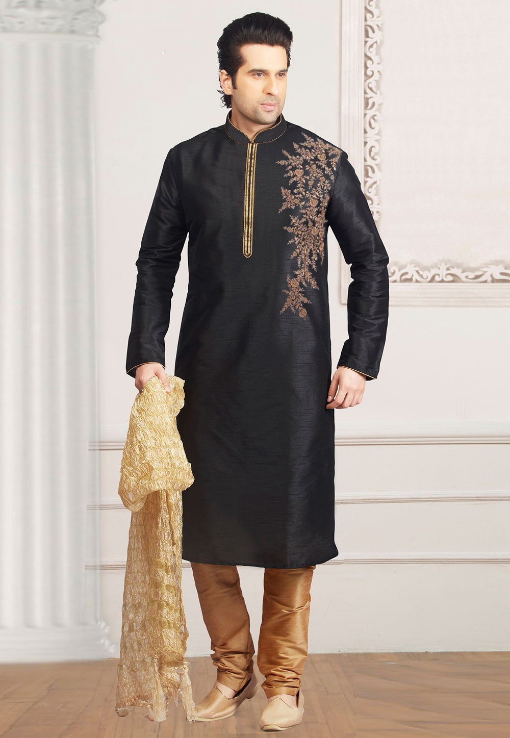 Black Dupion Silk Kurta Pajama 311881