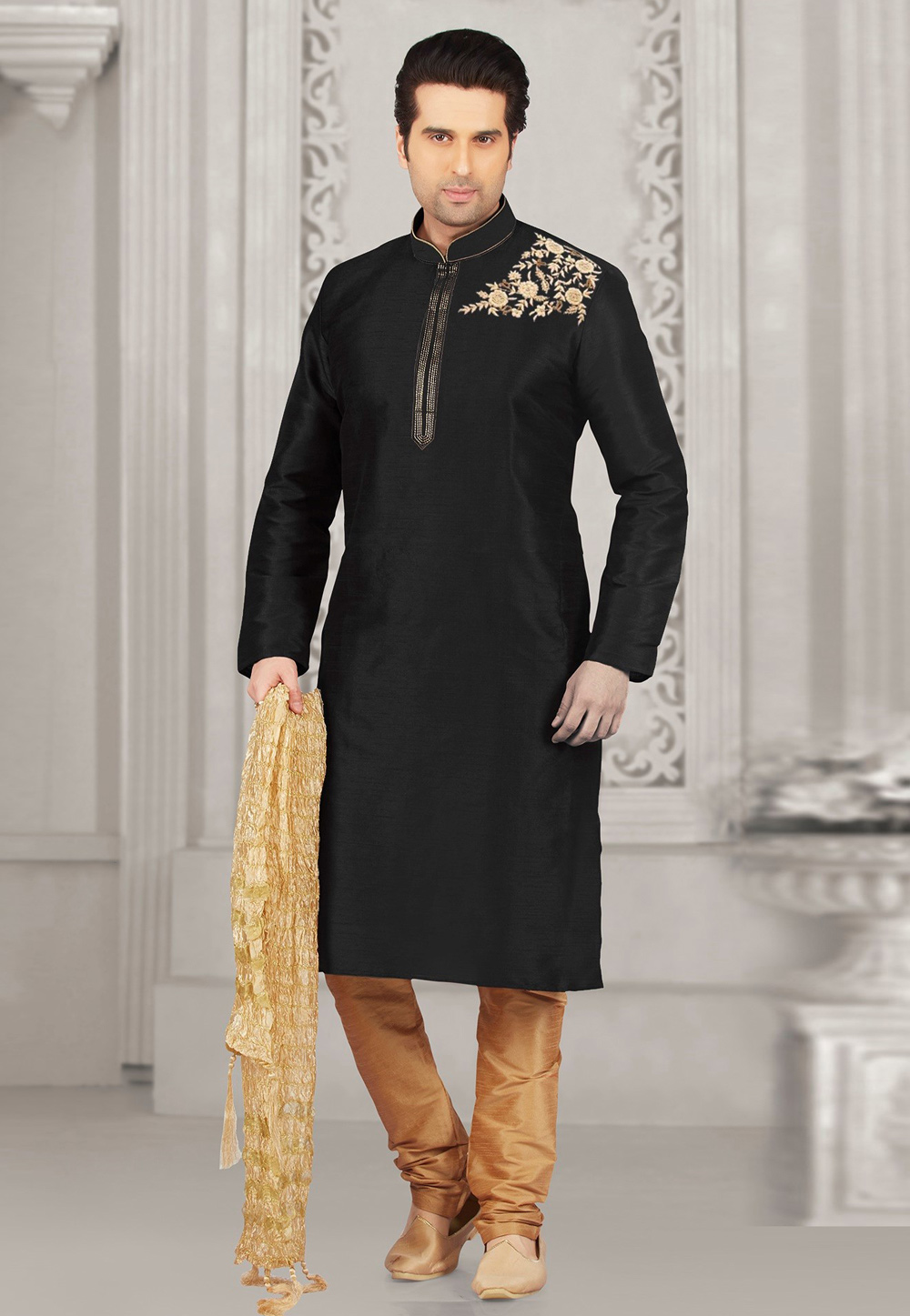 Black Dupion Silk Kurta Pajama 311882