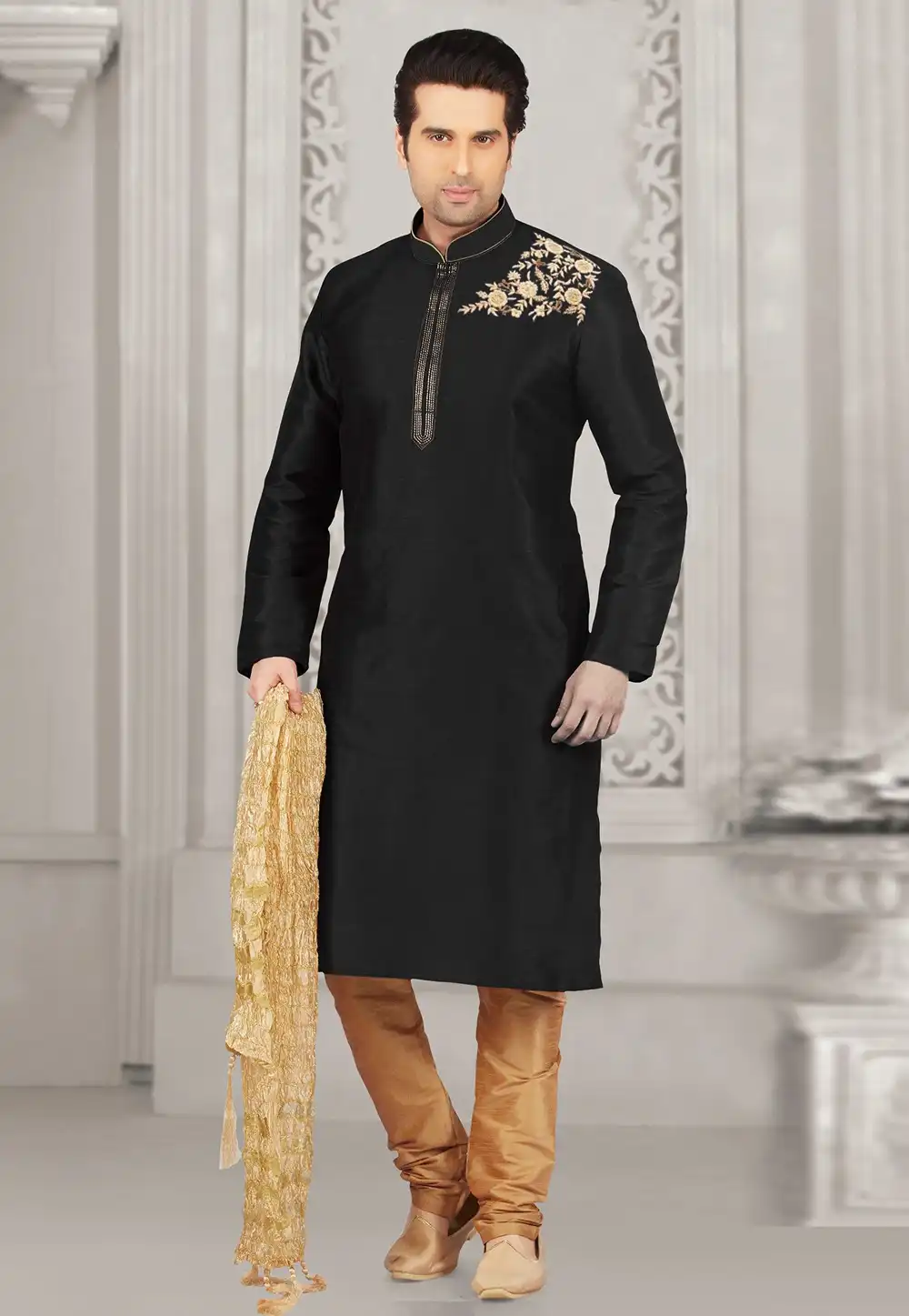 Black Dupion Silk Kurta Pajama 311882