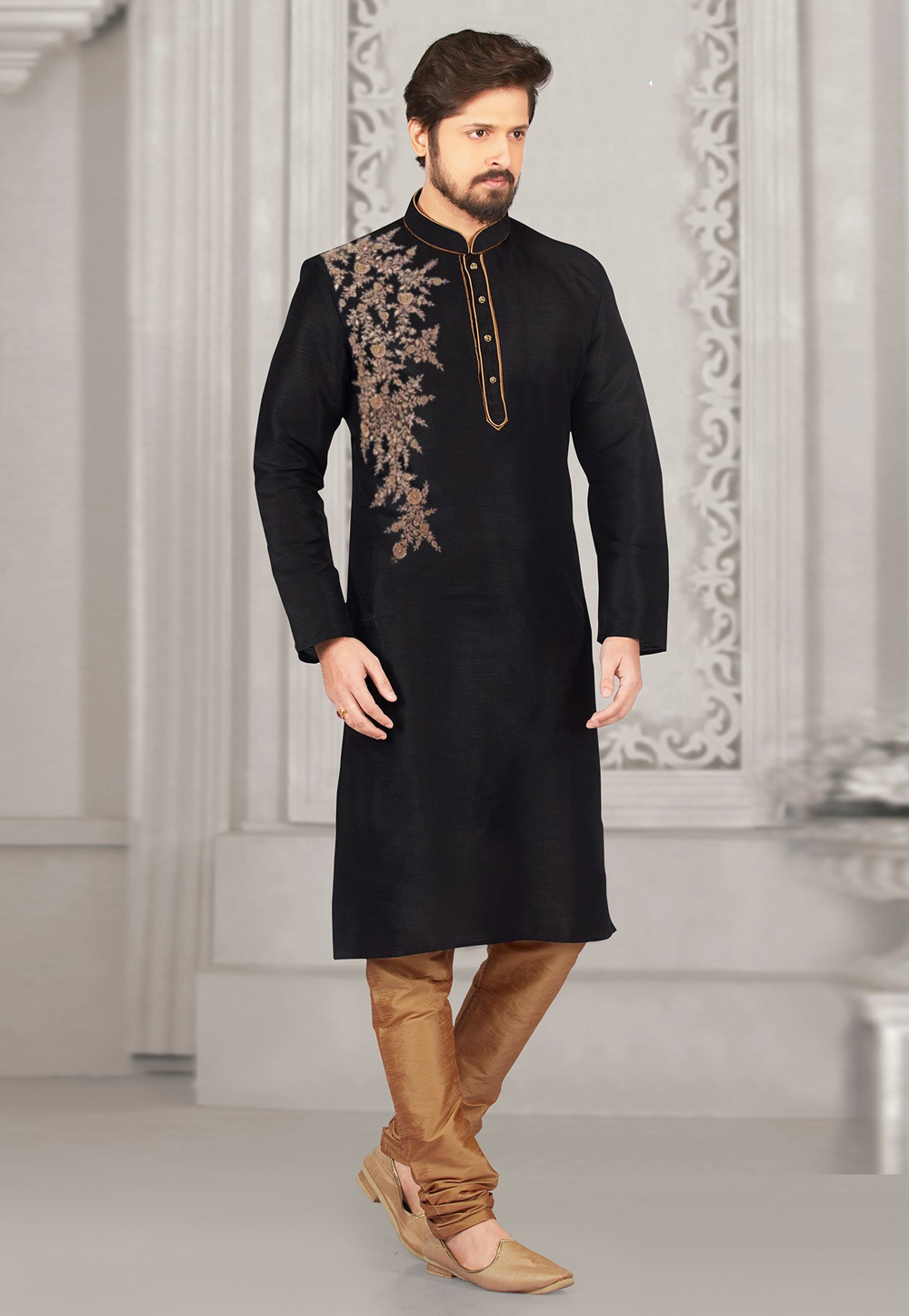 Black Dupion Silk Kurta Pajama 311888