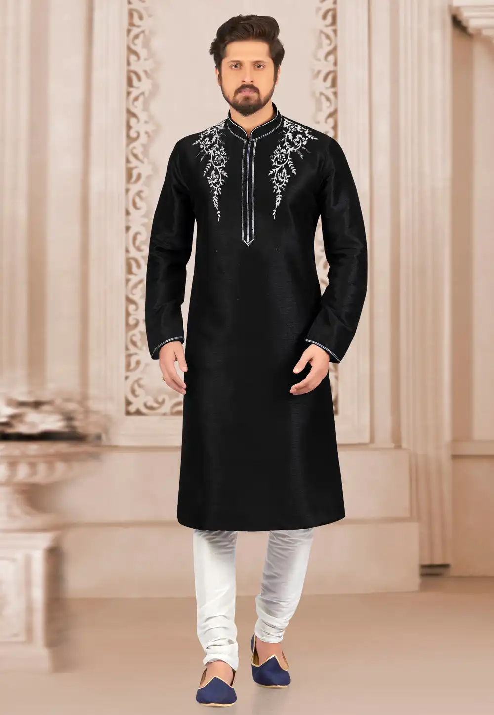 Black Dupion Silk Kurta Pajama 311890