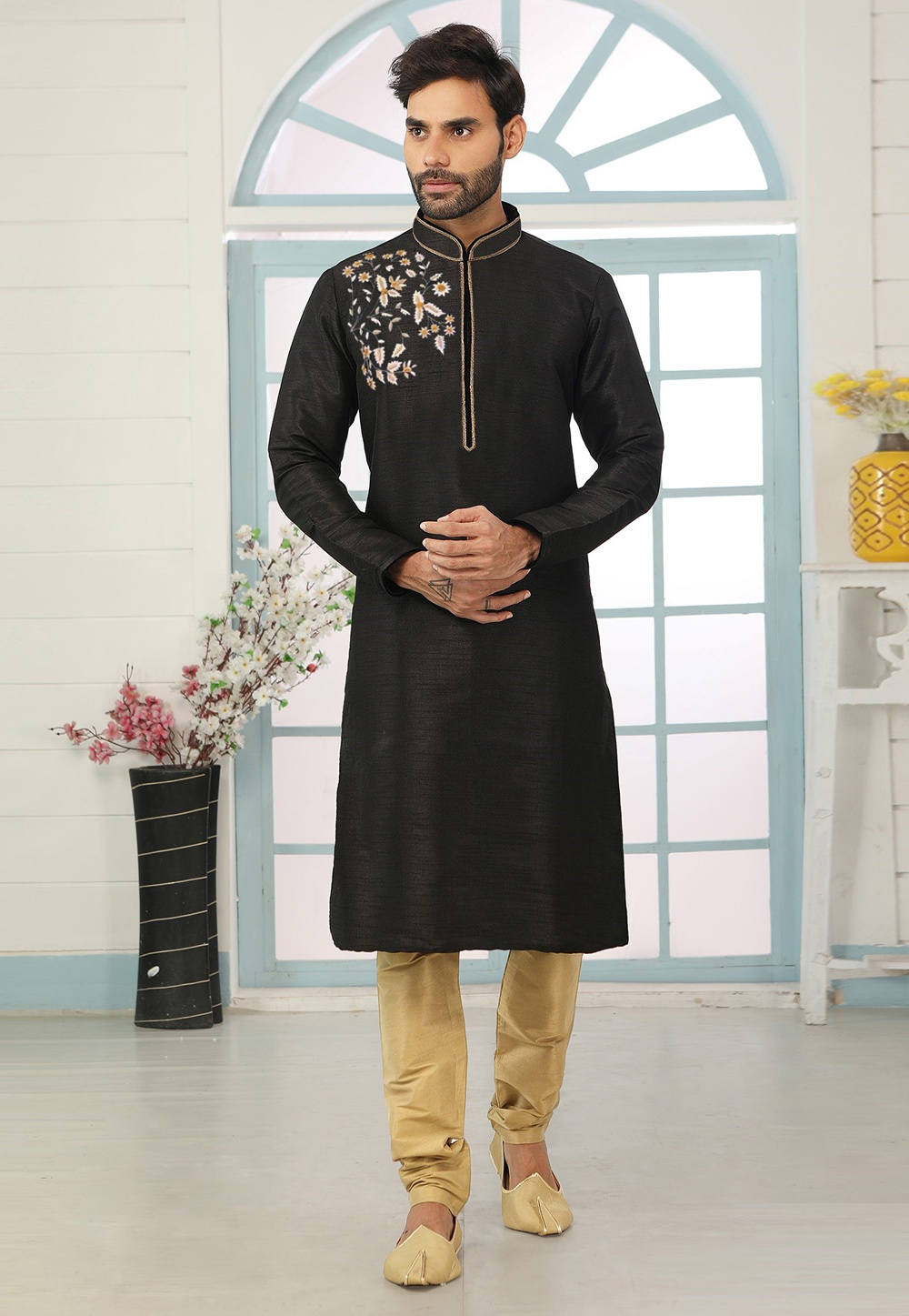 Black Dupion Silk Kurta Pajama 311896