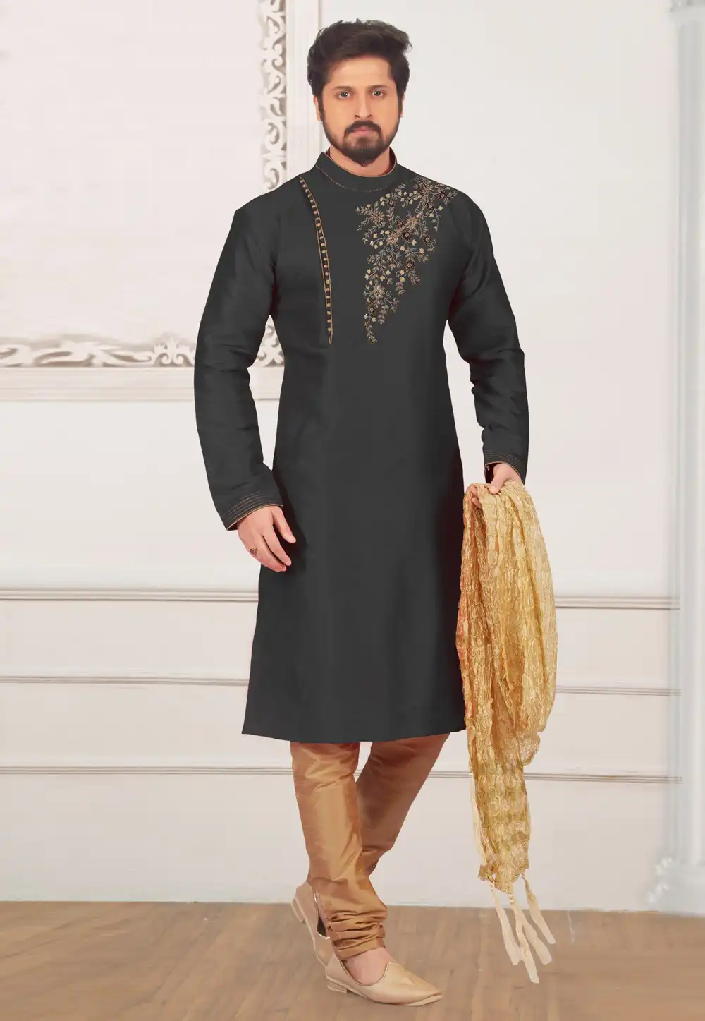 Black Dupion Silk Kurta Pajama 312924