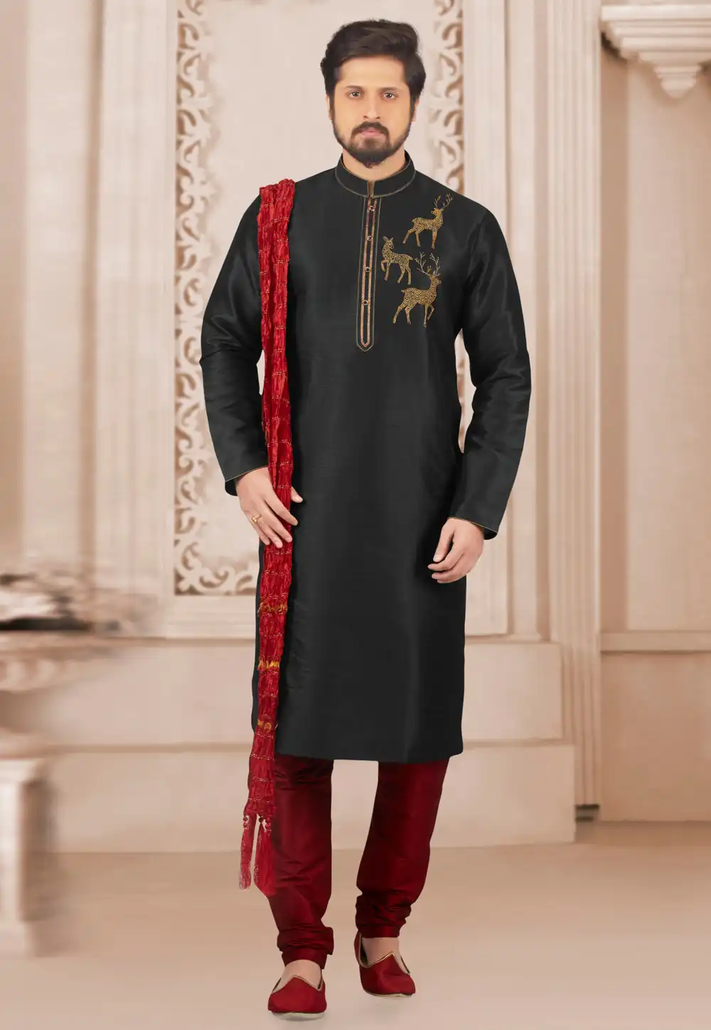 Black Dupion Silk Kurta Pajama 312930