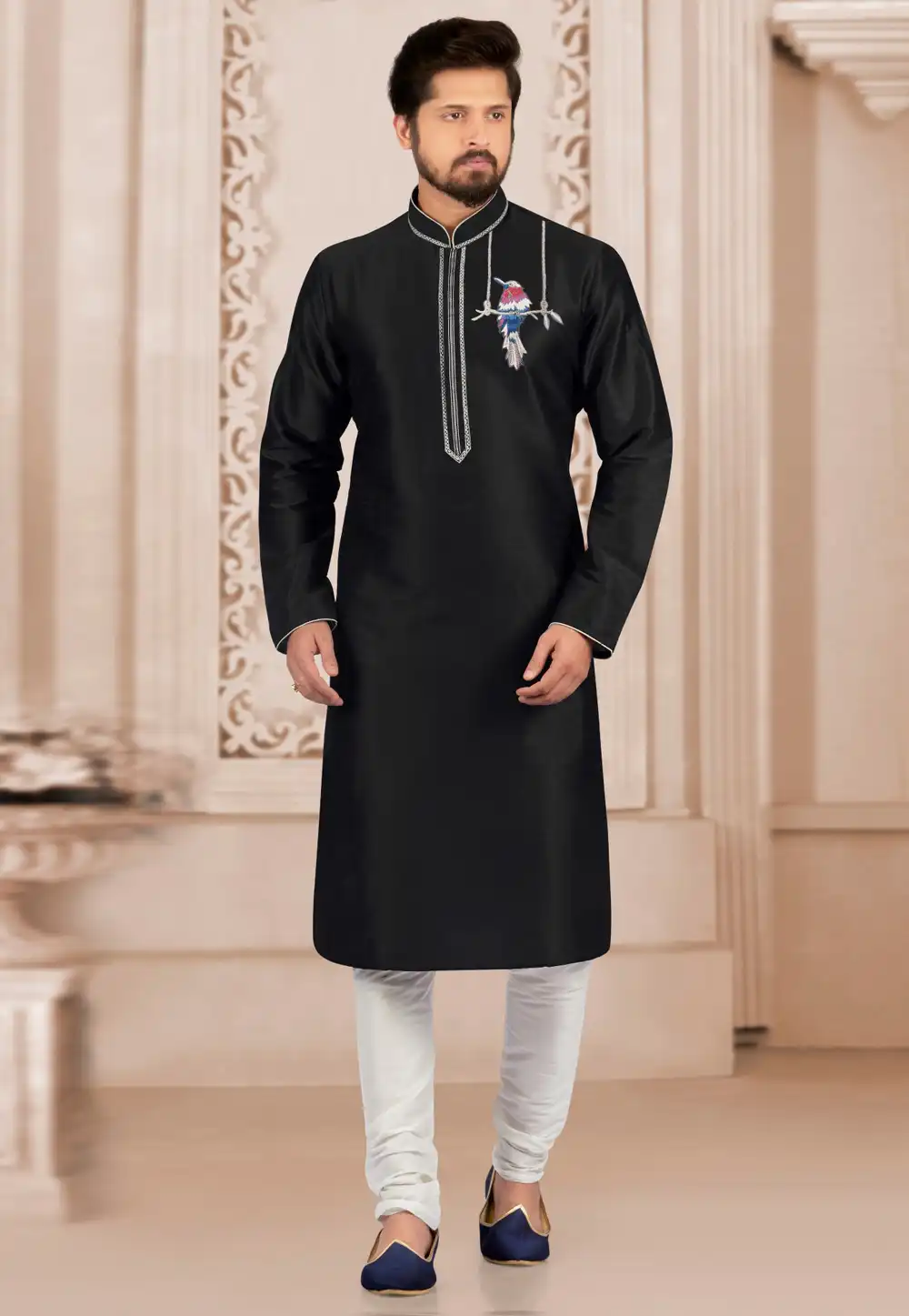 Black Dupion Silk Kurta Pajama 312941