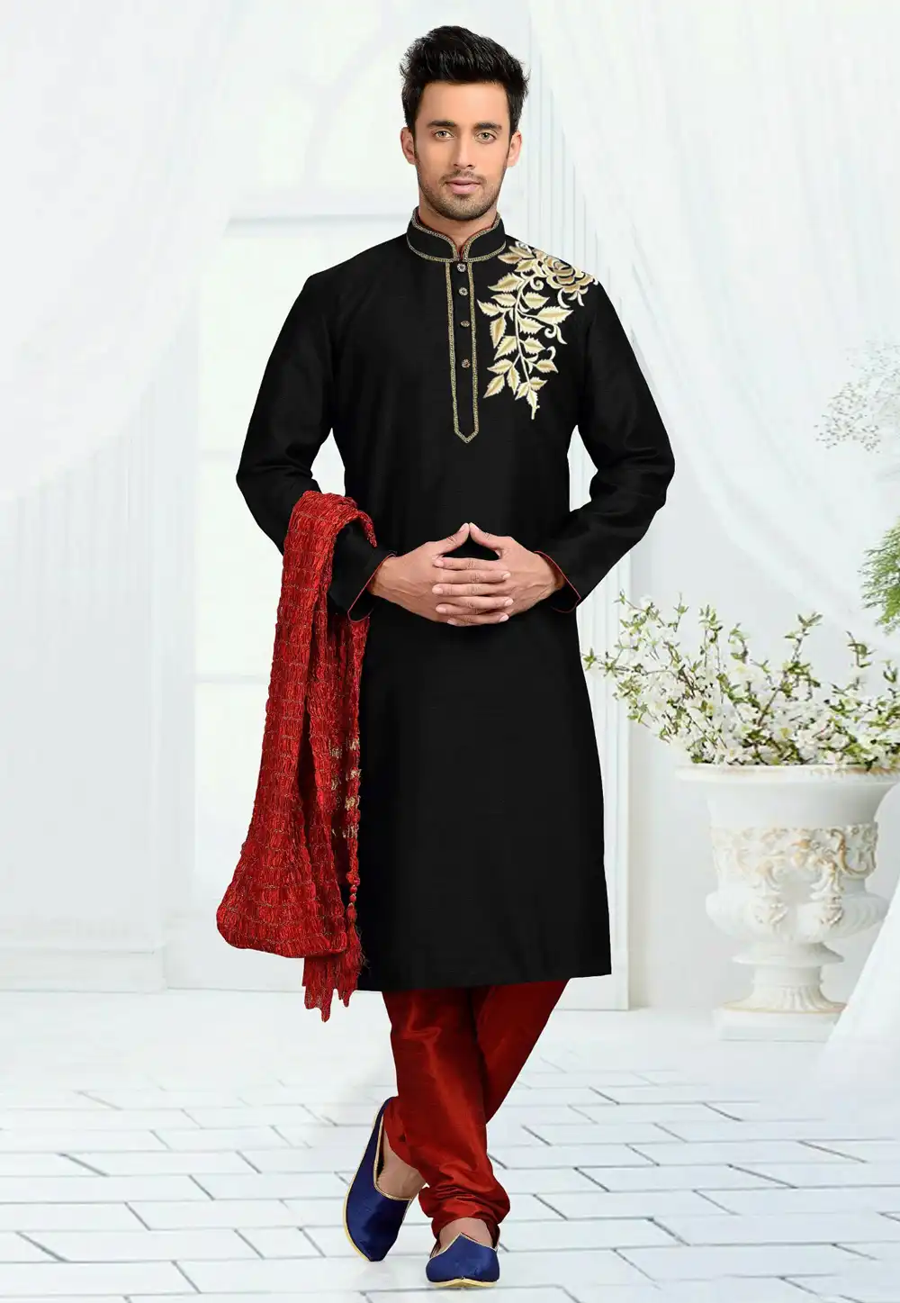 Black Dupion Silk Kurta Pajama 316049