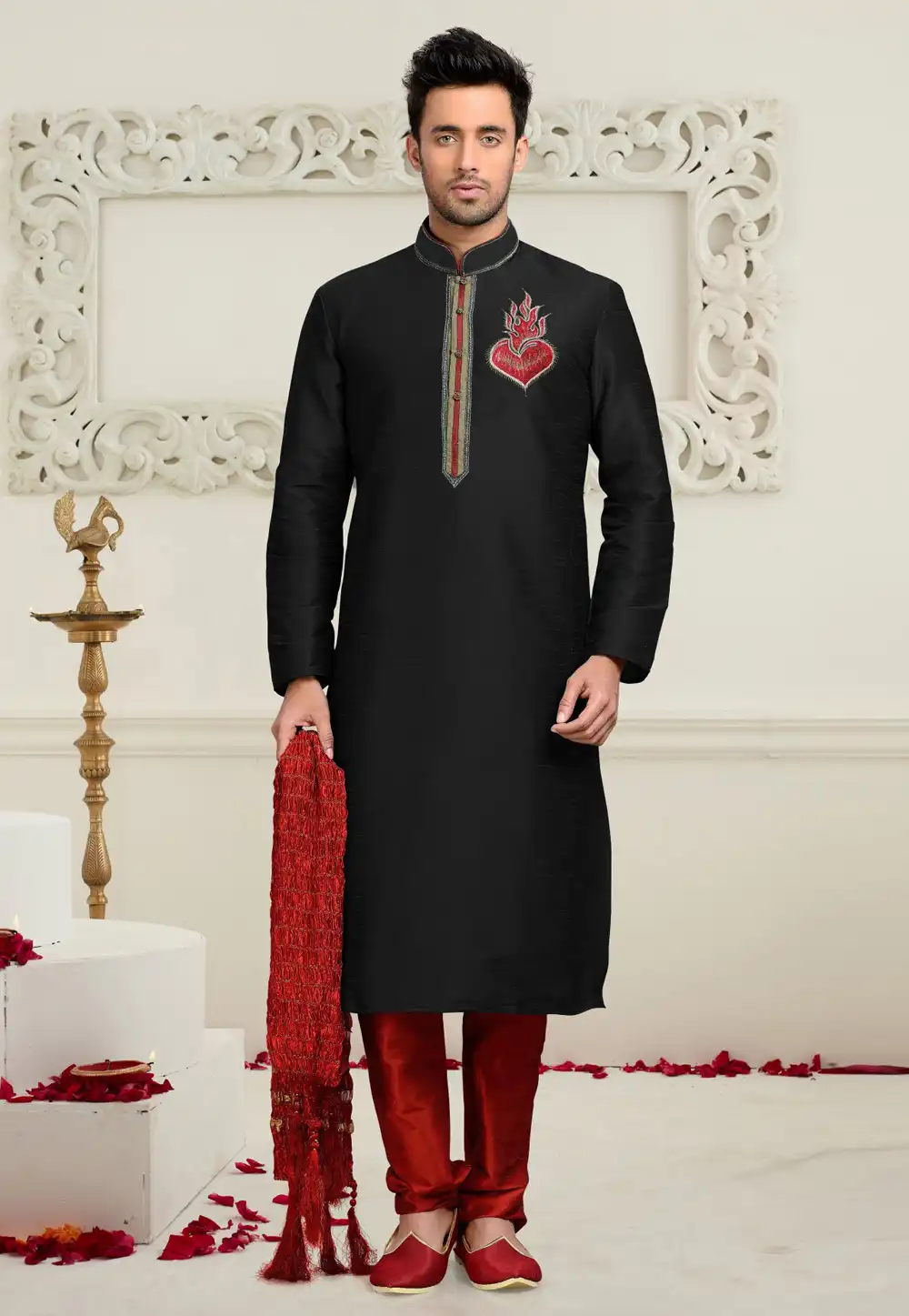 Black Dupion Silk Kurta Pajama 316050