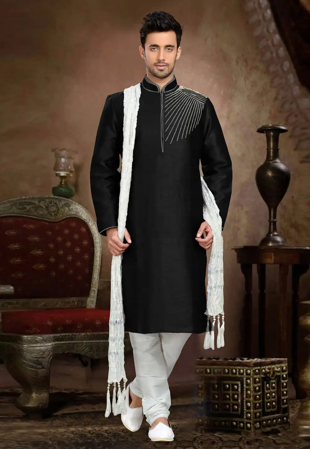 Black Dupion Silk Kurta Pajama 316051