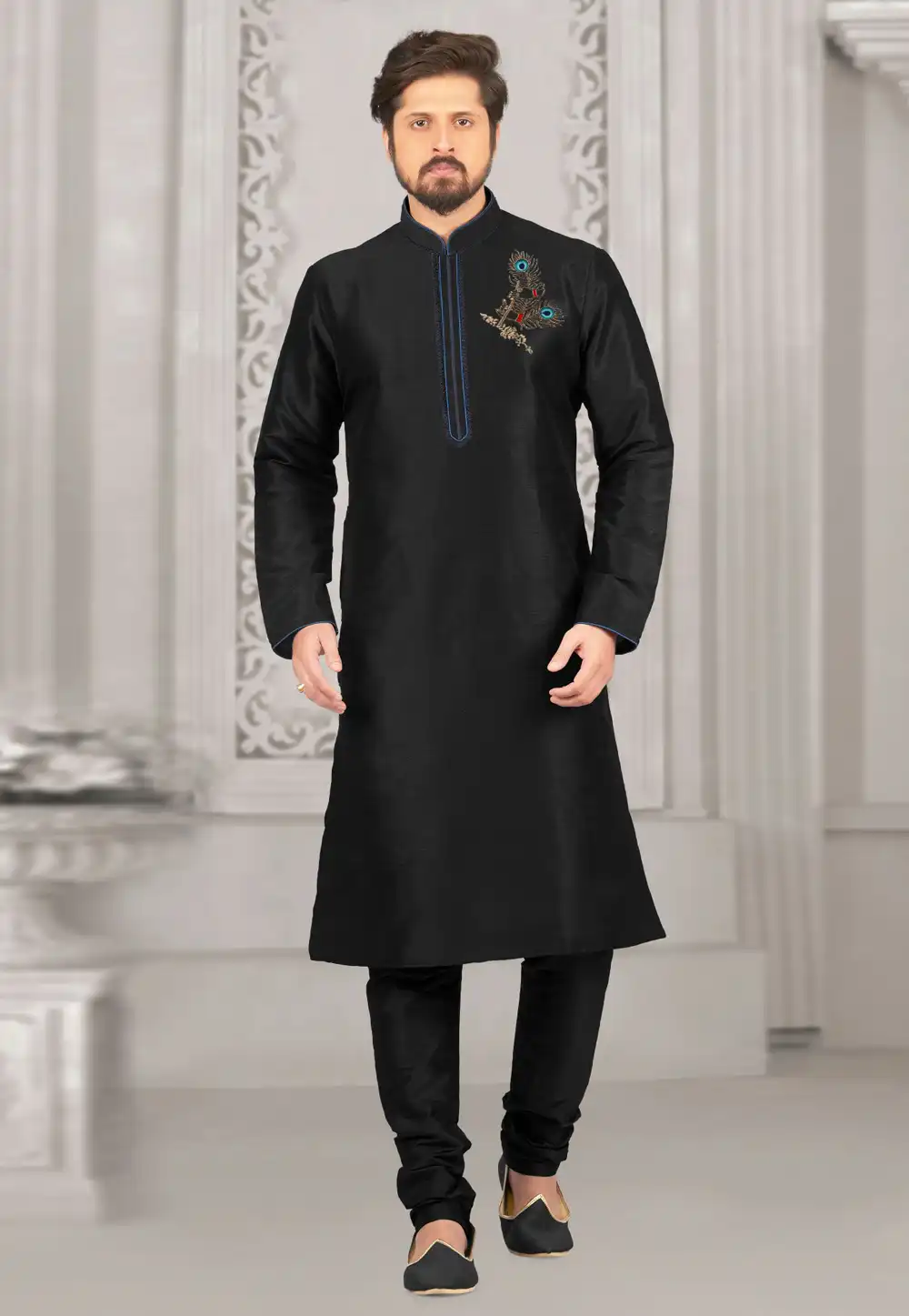 Black Dupion Silk Kurta Pajama 316052