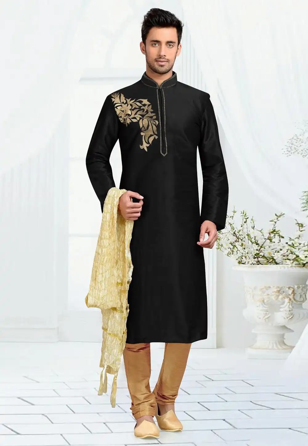 Black Dupion Silk Kurta Pajama 316053