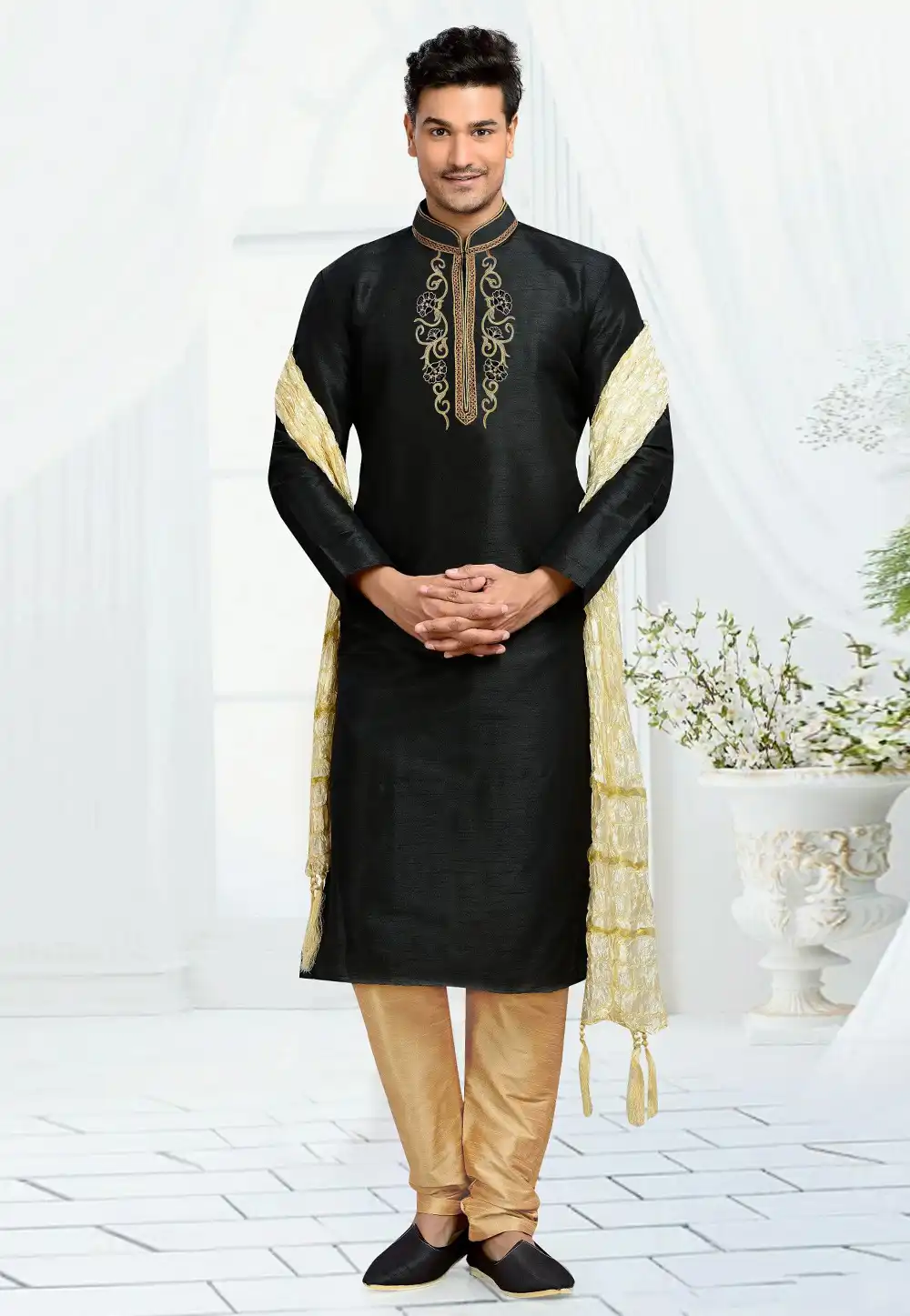 Black Dupion Silk Kurta Pajama 316054