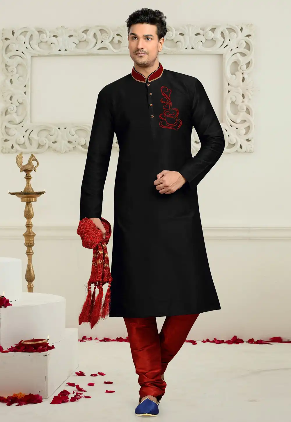 Black Dupion Silk Kurta Pajama 316057